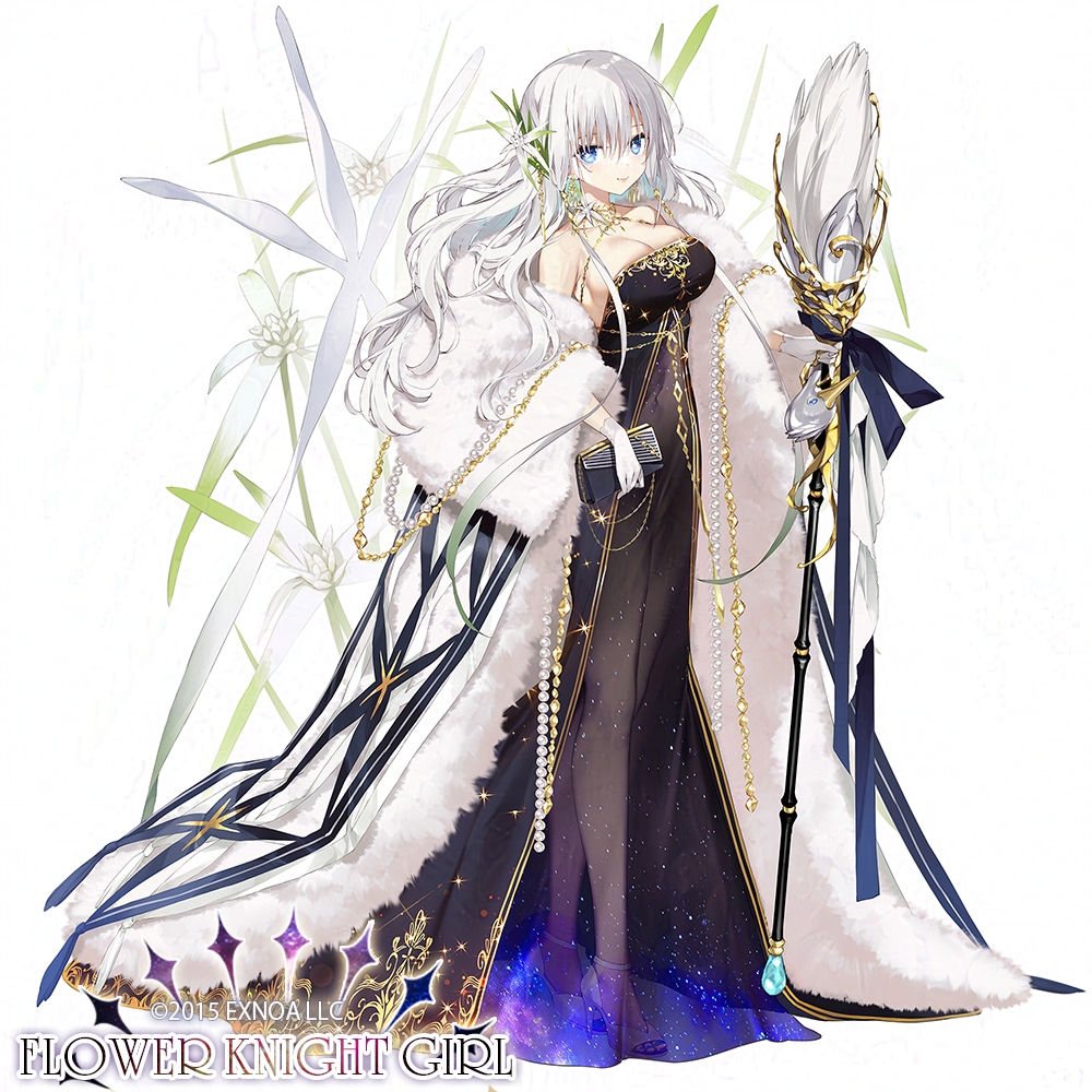 satsuki misuzu, flower knight girl, character request, commentary request, official art, 1girl, bag, bare shoulders, black dress, blue eyes, breasts, cleavage, closed mouth, coat, copyright name, dress, flower, gloves, grey background, grey hair, hair between eyes, holding, holding bag, holding staff, large breasts, long hair, looking at viewer, off shoulder, open clothes, open coat, smile, solo, staff, strapless, strapless dress, white coat, white flower, white gloves