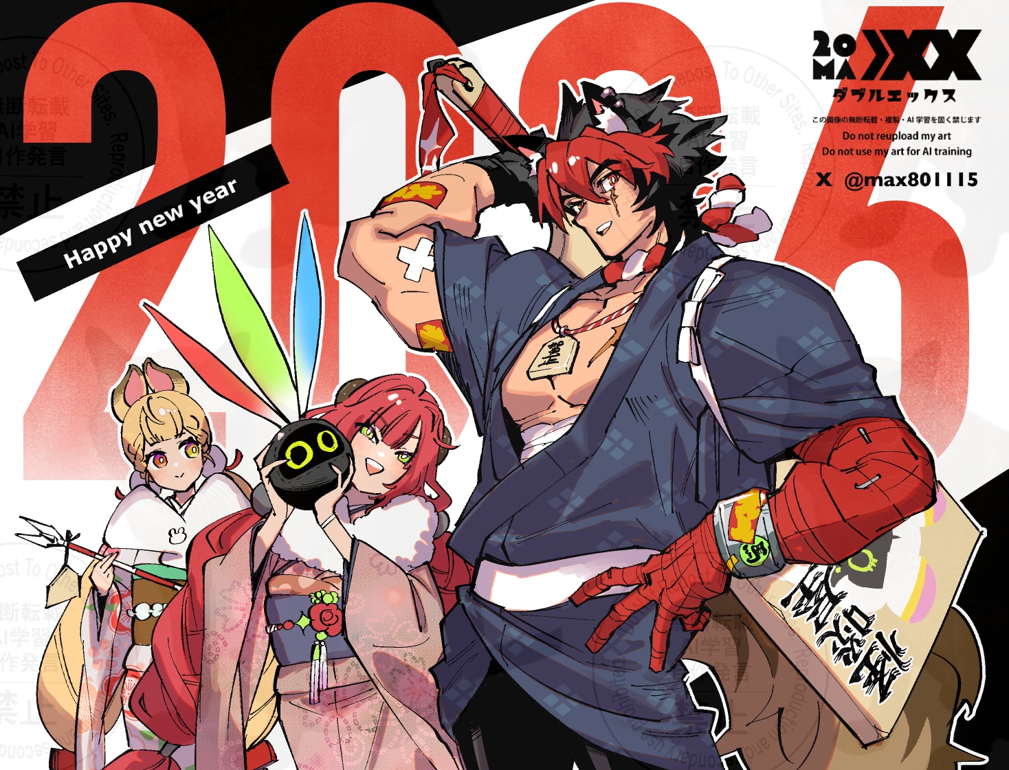 max801115, alice thymefield, bangboo (zenless zone zero), komano manato, ukinami yuzuha, zenless zone zero, commentary, english commentary, 1boy, 2girls, animal ears, bandaged arm, bandages, black kimono, blonde hair, dog boy, dog ears, dog tail, green eyes, happy new year, heterochromia, huge weapon, japanese clothes, kimono, multicolored hair, multiple girls, muscular, muscular male, new year, pink kimono, rabbit ears, rabbit girl, red bandage, red eyes, red hair, scar, scar on chest, tail, weapon, yukata