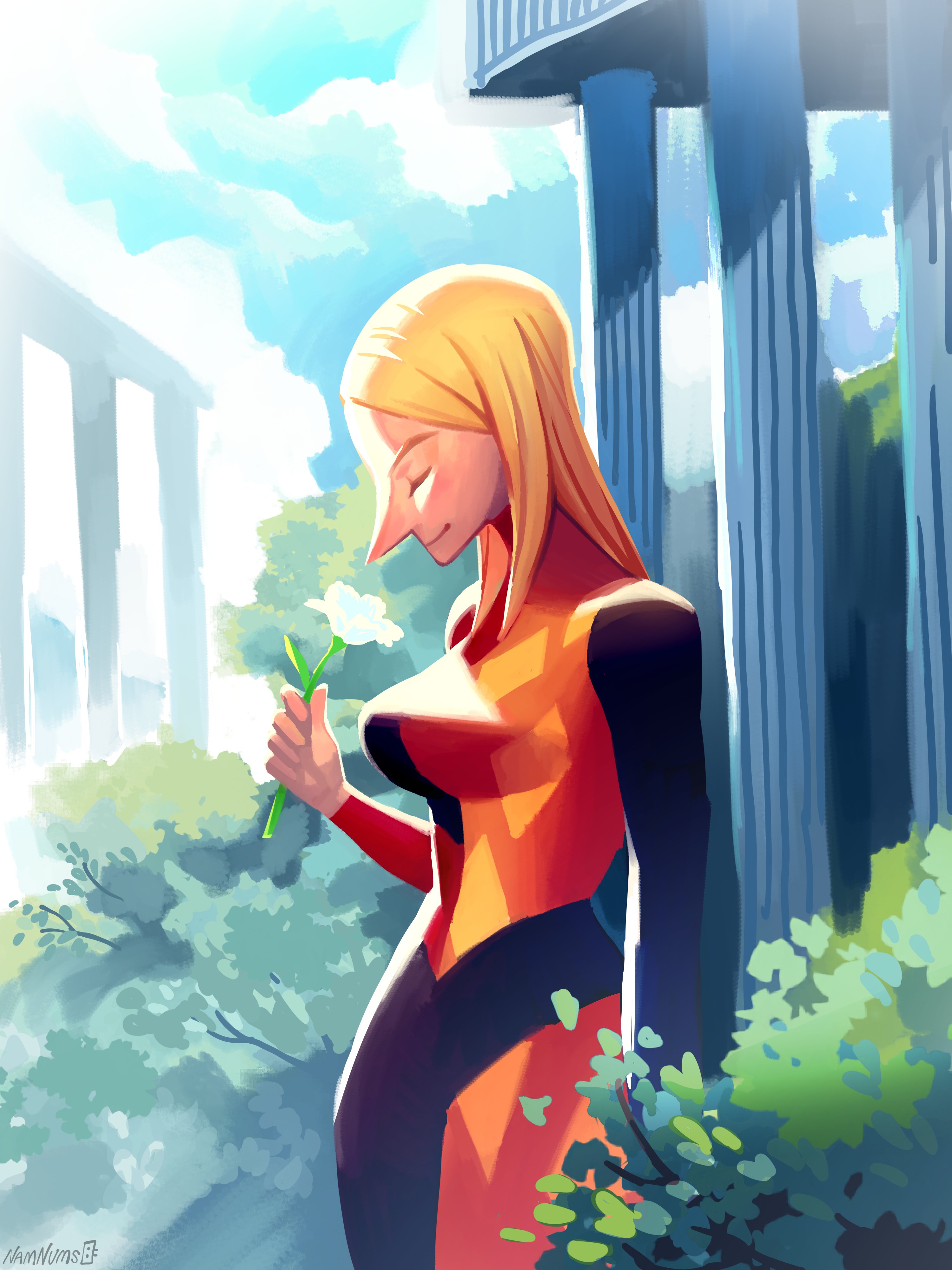 namnums, hilling (ousama ranking), ousama ranking, absurdres, highres, 1girl, black dress, blonde hair, breasts, bush, closed eyes, cowboy shot, dress, flower, hand up, holding, holding flower, long hair, long nose, long sleeves, medium breasts, outdoors, parted bangs, pillar, pointy nose, profile, red dress, smelling, smelling flower, smile, solo, two-tone dress, white flower