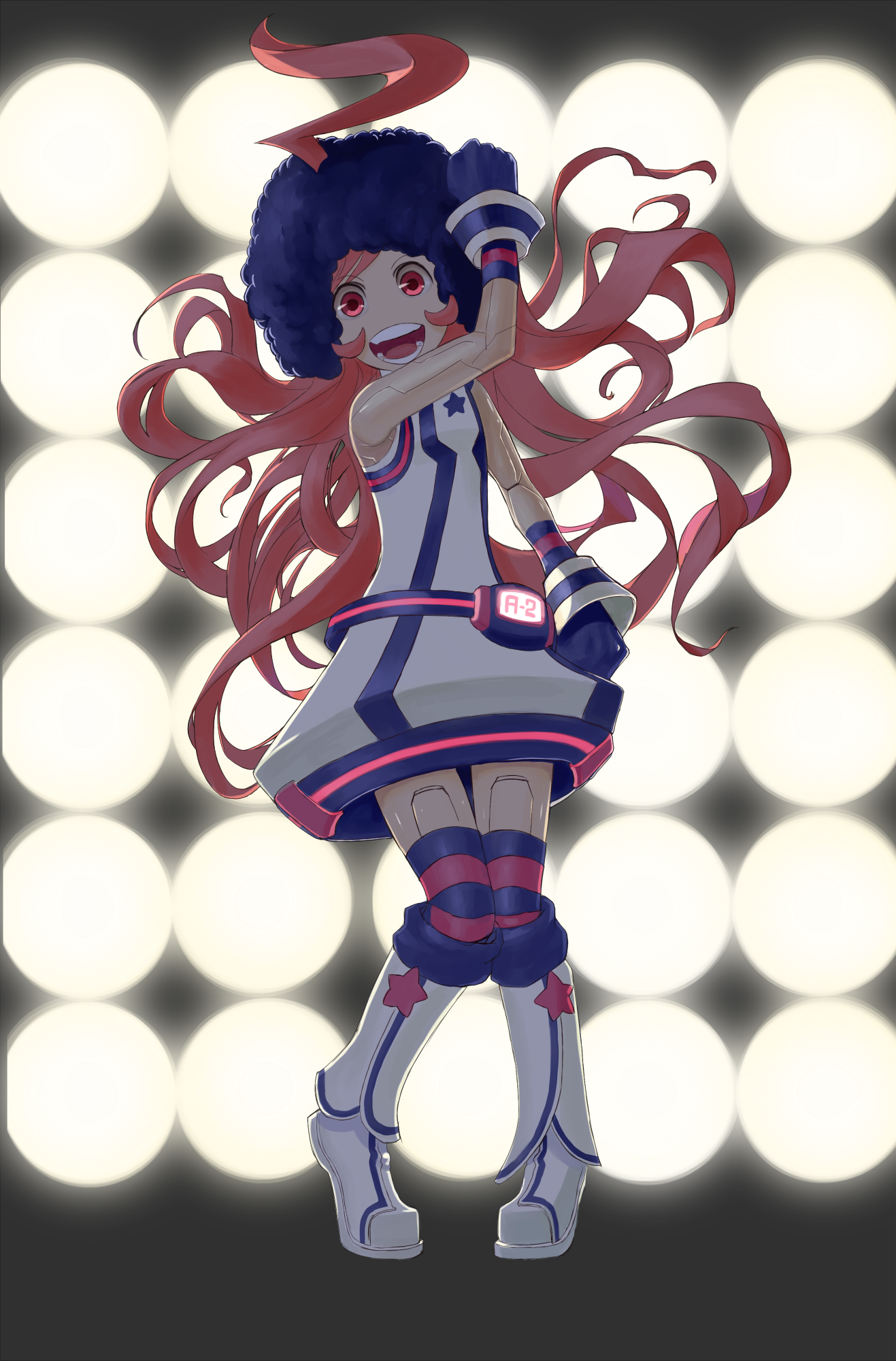 kansou samehada, whiteshark, sf-a2 miki, vocaloid, striped, bad id, bad pixiv id, highres, afro, ahoge, android, boots, dress, gloves, joints, long hair, red eyes, red hair, robot joints, socks, solo, thighhighs, very long hair, wig