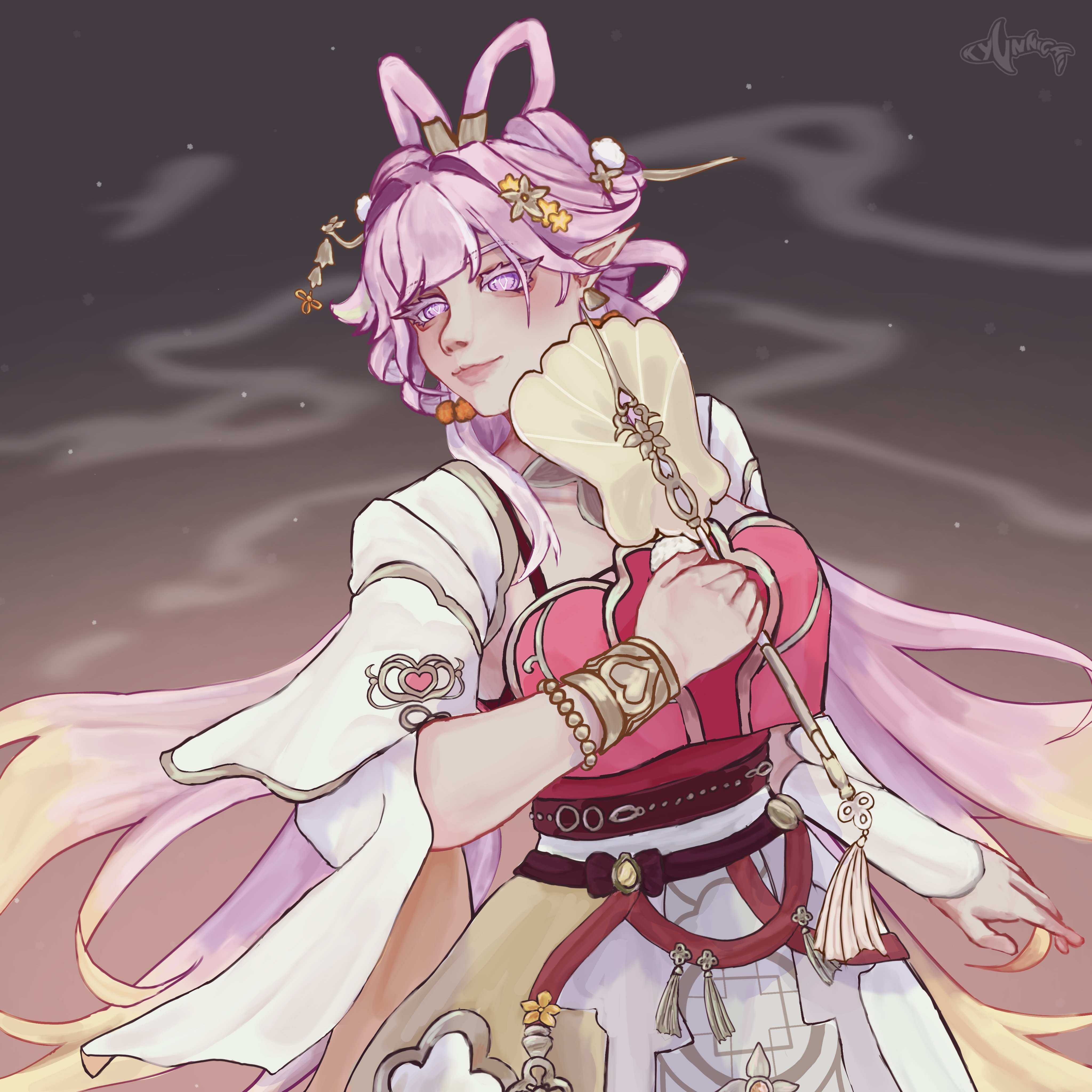 elysia (hi love elf) (honkai impact), elysia (honkai impact), honkai (series), honkai impact 3rd, absurdres, commentary, highres, symbol-only commentary, 1girl, breasts, chinese clothes, chinese hairstyle, closed mouth, diamond-shaped pupils, diamond (shape), elf, flower, grey background, hair flower, hair ornament, hand fan, holding, holding fan, kyunnichii, large breasts, long hair, official alternate costume, pink hair, pointy ears, purple eyes, solo, symbol-shaped pupils, very long hair