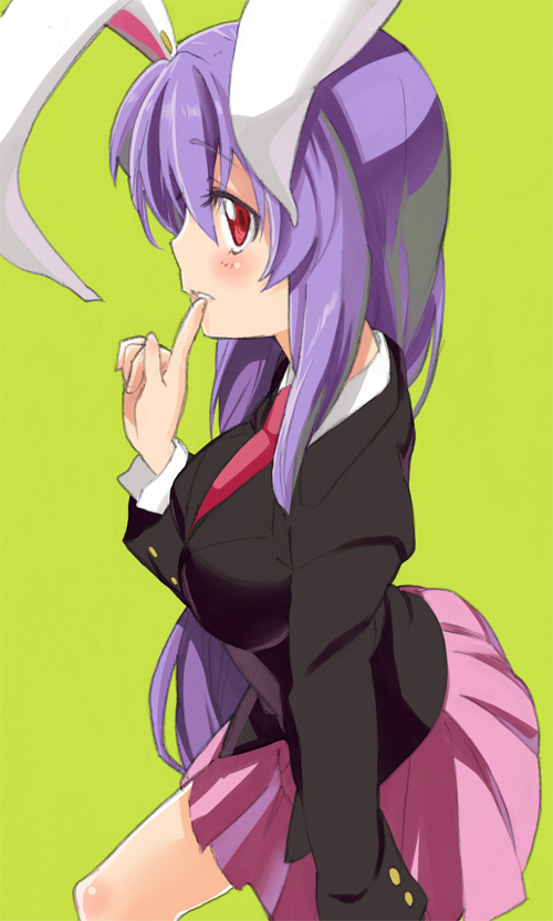 ayasugi tsubaki, reisen udongein inaba, touhou, 1girl, animal ears, blazer, blush, breasts, female focus, finger to mouth, jacket, medium breasts, necktie, pleated skirt, purple hair, rabbit ears, red eyes, red necktie, skirt, solo