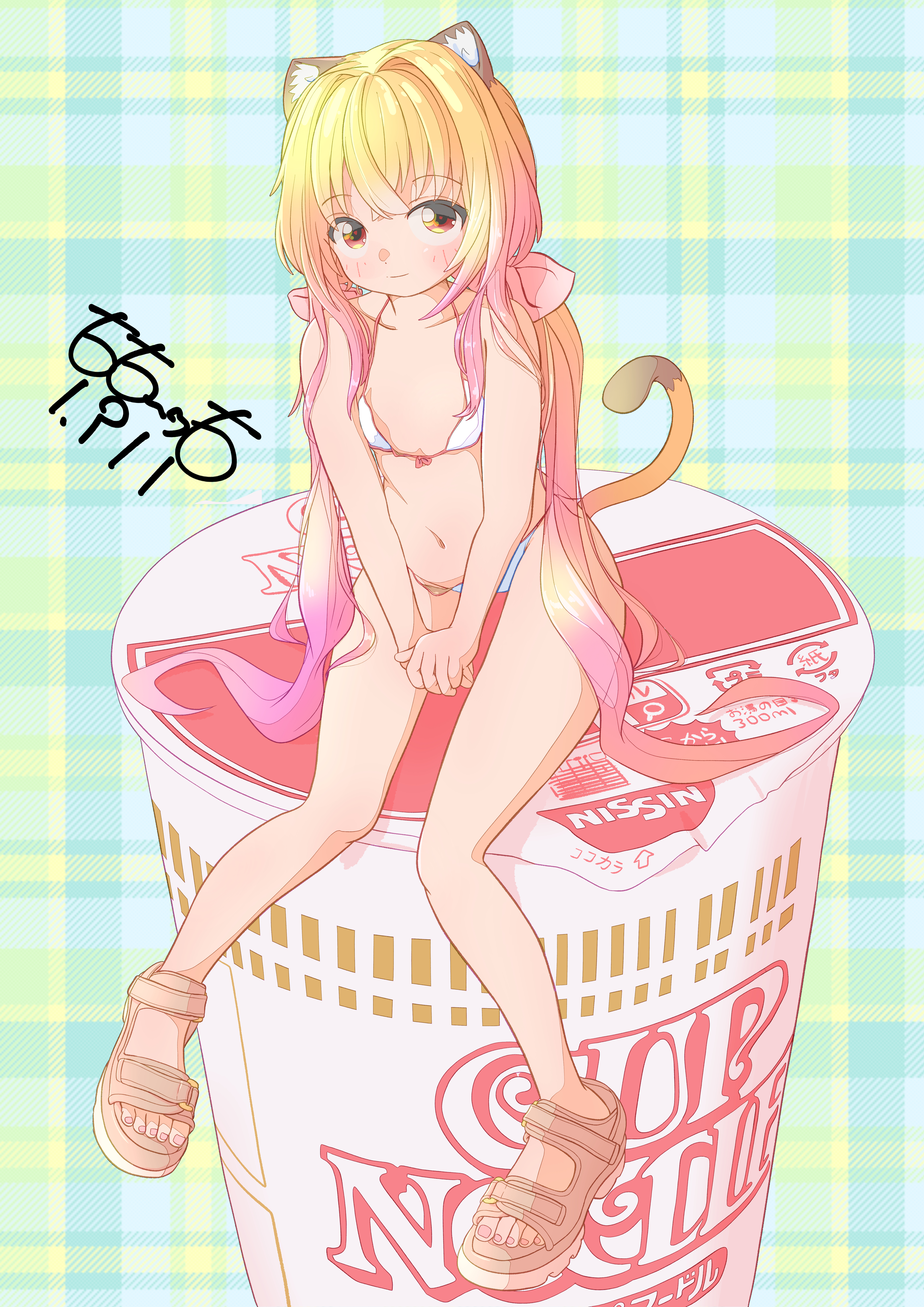 totomoto, nissin, original, absurdres, highres, 1girl, animal ear fluff, animal ears, artist name, bikini, blonde hair, blush, cat ears, cat girl, cat tail, collarbone, dot nose, flat chest, full body, hair between eyes, hair intakes, instant cup noodles, instant noodles, light smile, looking at viewer, navel, nissin cup noodle, orange eyes, plaid background, sandals, sidelocks, signature, simple background, sitting, solo, swimsuit, tail, thighs, twintails