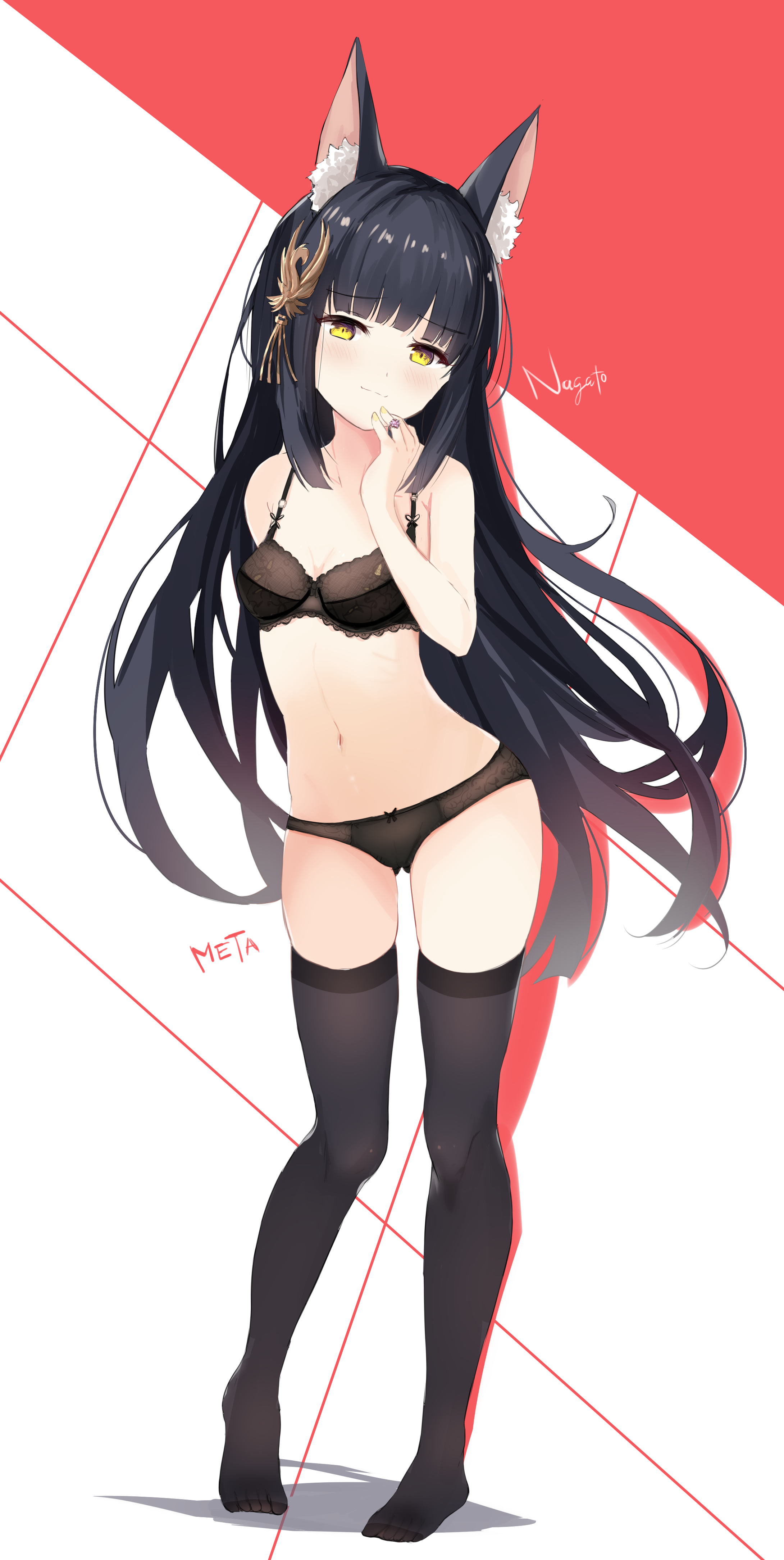 hamiro, nagato (azur lane), nagato (meta) (azur lane), azur lane, absurdres, chinese commentary, commentary request, highres, paid reward available, 1girl, animal ear fluff, animal ears, arm behind back, bird hair ornament, black bra, black hair, black panties, black thighhighs, bow, bow panties, bra, breasts, character name, closed mouth, fox ears, fox girl, full body, gluteal fold, hair ornament, hand up, jewelry, lingerie, long hair, nail polish, navel, no shoes, panties, ring, small breasts, solo, standing, thighhighs, underwear, underwear only, very long hair, yellow eyes, yellow nails