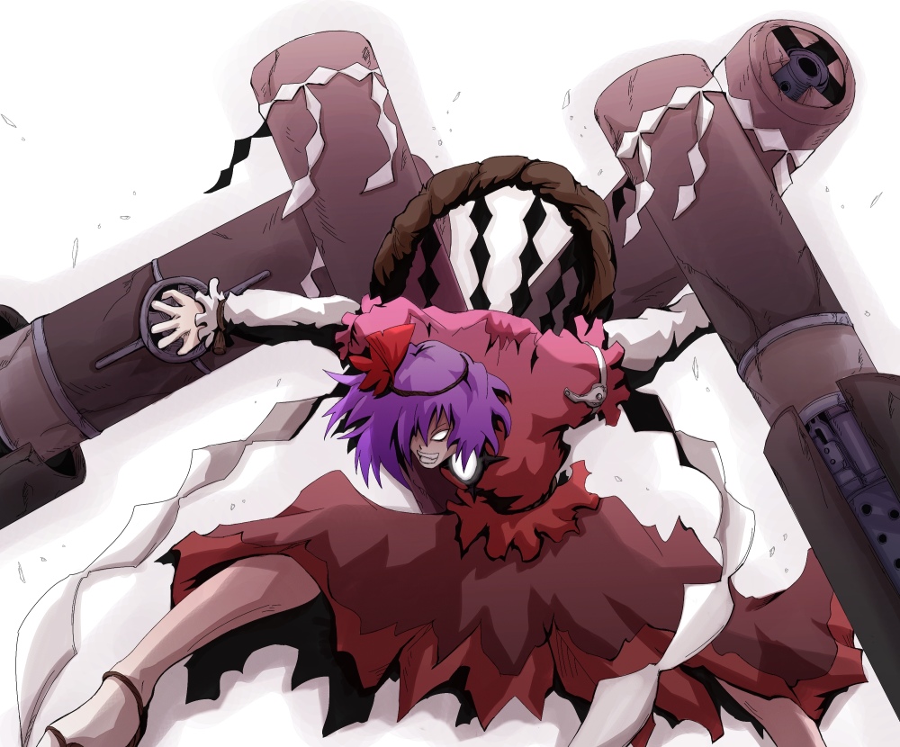 kurogane (scrapsteel), razlo the tri-punisher of death, yasaka kanako, touhou, trigun, trigun maximum, 1girl, bare legs, brooch, female focus, gem, hair ornament, jewelry, leaf hair ornament, parody, pillar, purple hair, rope, shide, short hair, simple background, solo, spread legs, standing, white background