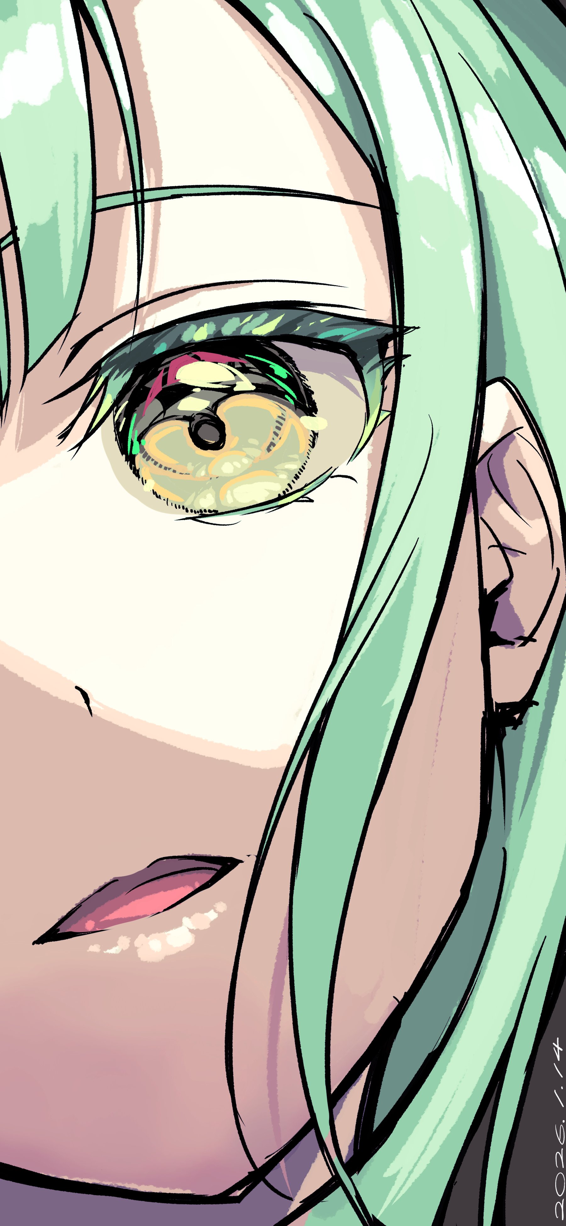 nobusawa osamu, wakaba mutsumi, bang dream!, bang dream! it's mygo!!!!!, absurdres, commentary, highres, 1girl, close-up, dated, green hair, grey background, open mouth, sidelocks, solo, yellow eyes
