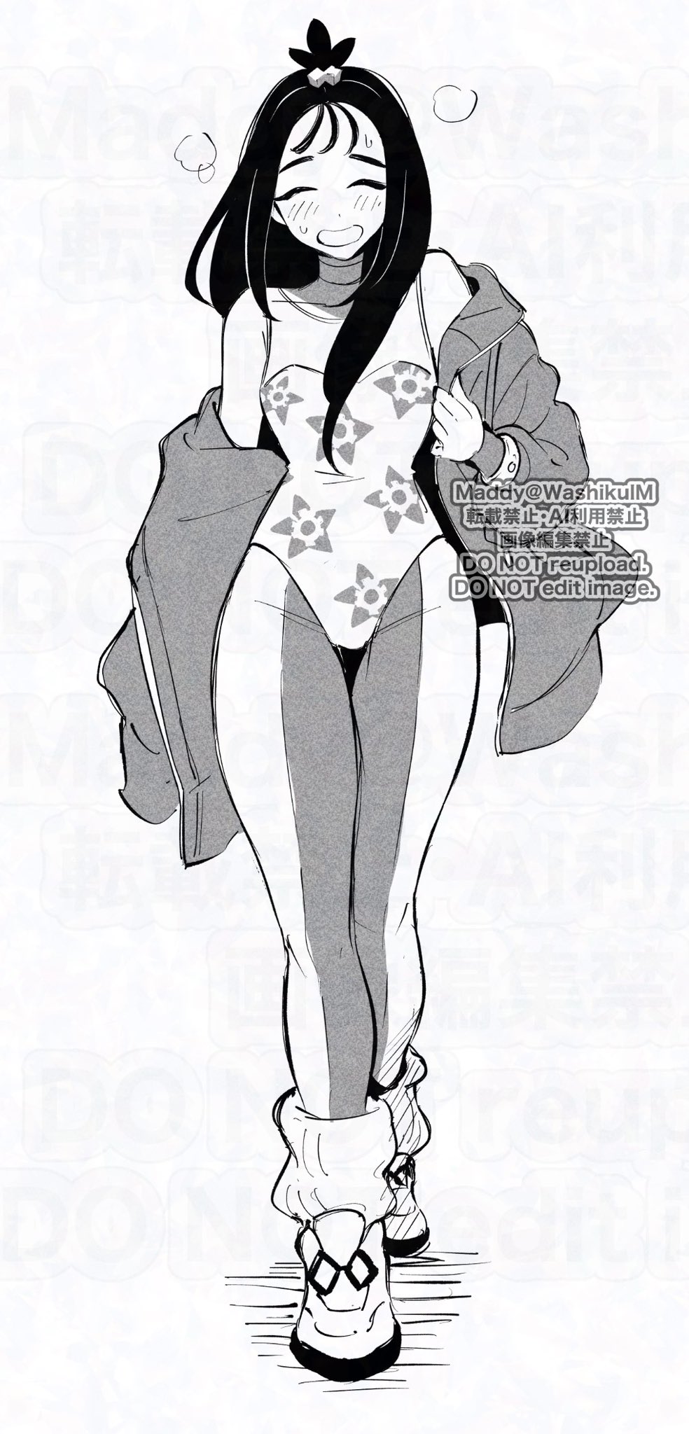 maddy, lida (pokemon), nintendo, pokemon, pokemon legends: z-a, adversarial noise, commentary, highres, 1girl, ^ ^, boots, closed eyes, facing viewer, floral print leotard, full body, greyscale, hair ornament, jacket, leotard, leotard under clothes, long hair, looking at viewer, monochrome, open clothes, open jacket, smile, solo, standing, watermark