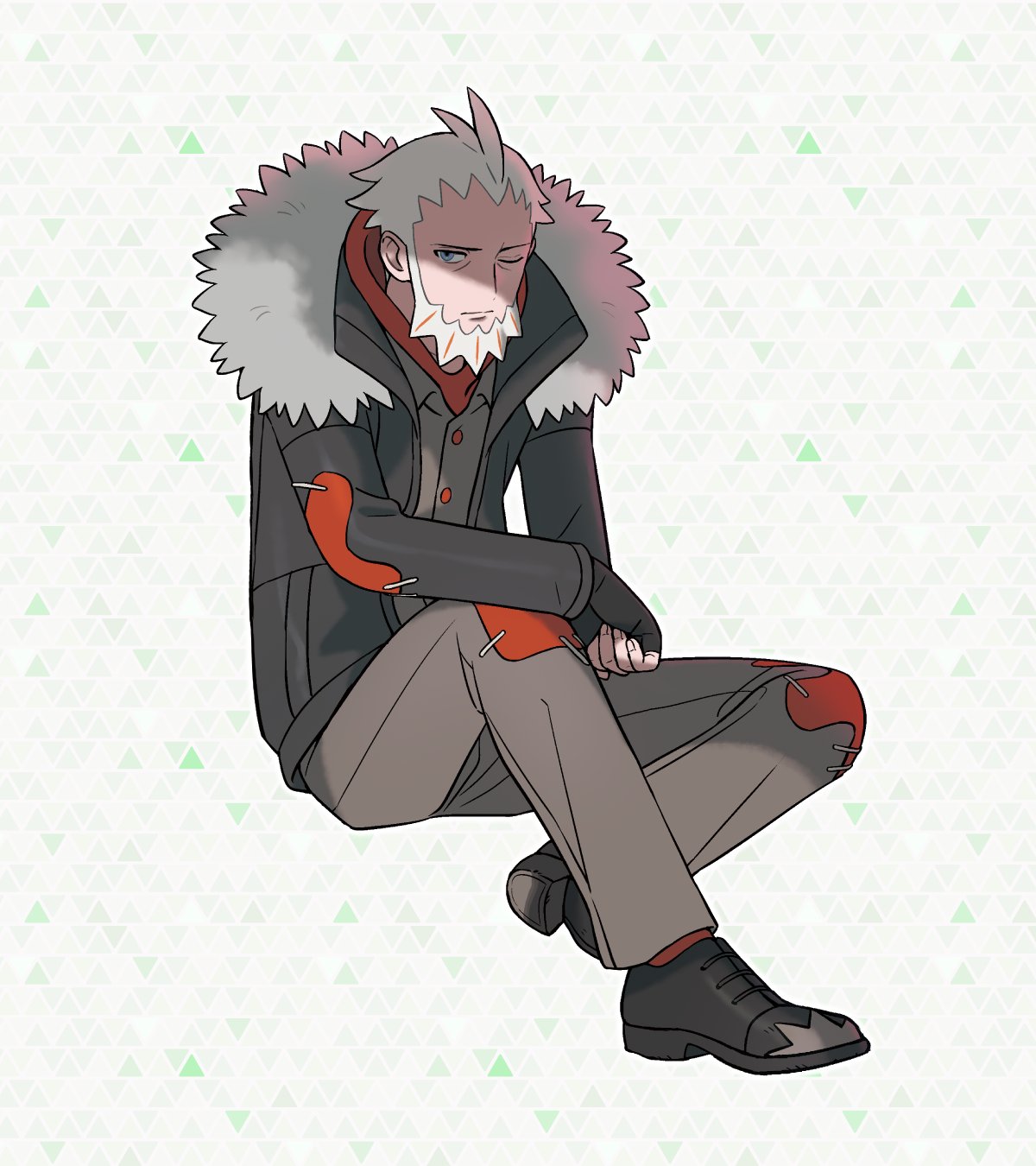 lysandre (pokemon), nintendo, pokemon, pokemon legends: z-a, commentary request, highres, official art, 1boy, beard, black gloves, black jacket, closed mouth, facial hair, fingerless gloves, full body, fur-trimmed jacket, fur trim, gloves, grey pants, grey shirt, hood, hoodie, jacket, long sleeves, looking at viewer, male focus, one eye closed, orange hoodie, orange socks, pants, patchwork clothes, shirt, shoes, socks, solo