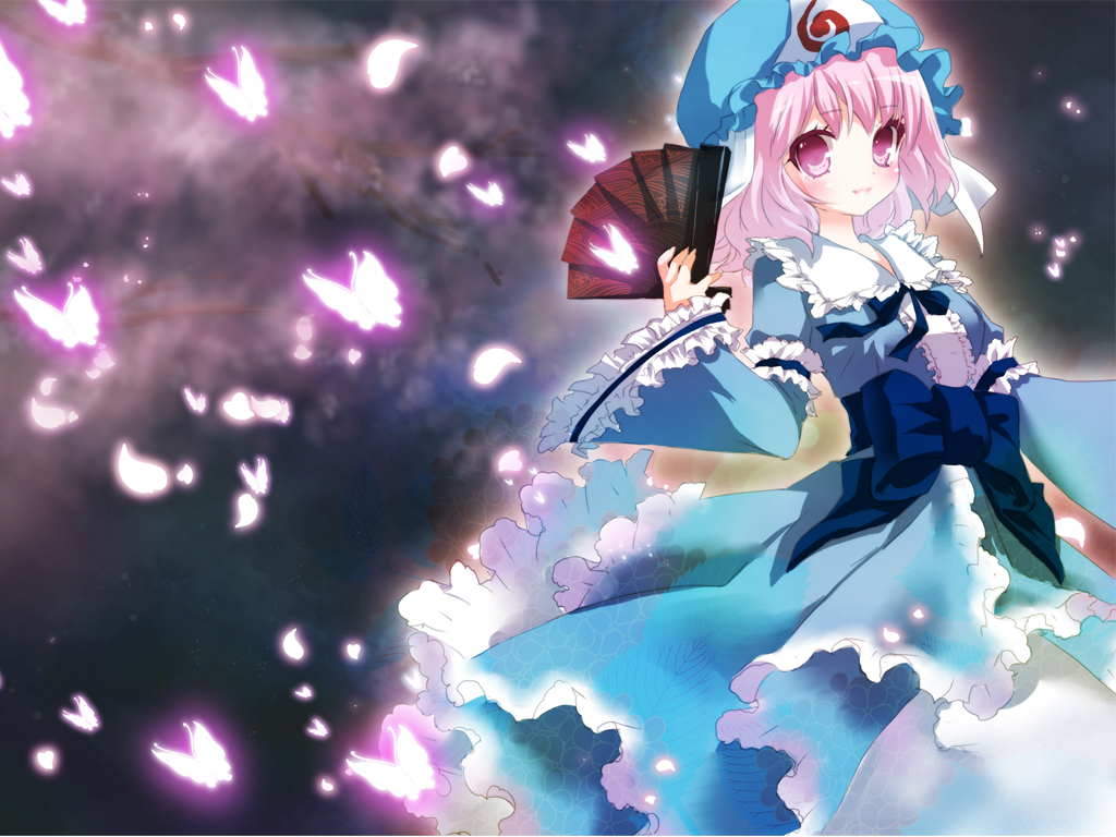 chikkuru, saigyouji yuyuko, touhou, md5 mismatch, resolution mismatch, source smaller, 1girl, blue dress, blue hat, blue ribbon, bug, butterfly, collar, dress, female focus, folding fan, frilled shirt collar, frilled sleeves, frills, hand fan, hat, insect, long sleeves, mob cap, neck ribbon, obi, petals, pink eyes, pink hair, ribbon, sash, short hair, solo, triangular headpiece, white collar, wide sleeves
