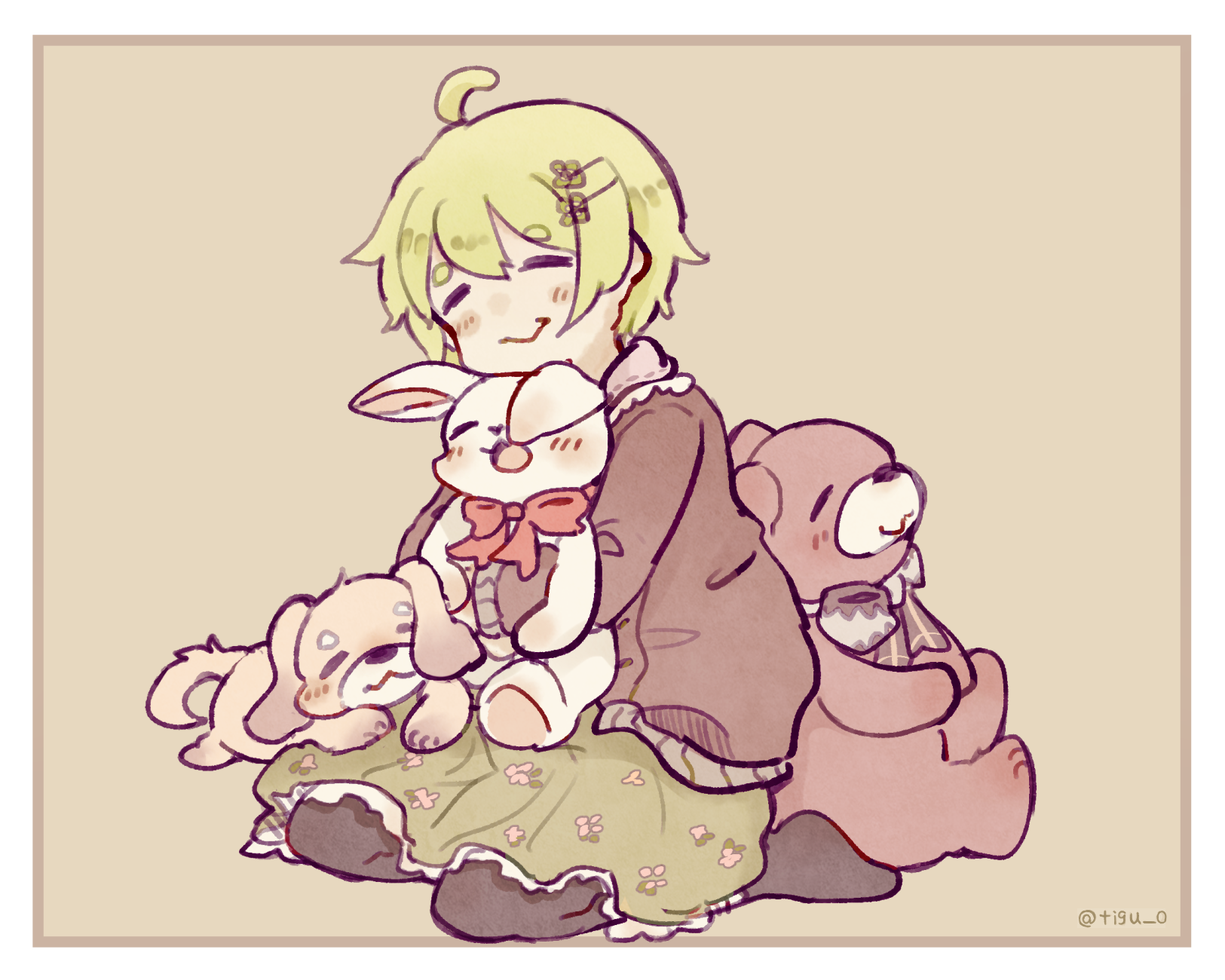 chigu, original, commentary request, highres, 1girl, ahoge, animal, animal hug, bear, black pantyhose, blush, border, brown background, brown sweater, closed eyes, closed mouth, dog, double-parted bangs, full body, green hair, green skirt, long sleeves, no shoes, pantyhose, rabbit, seiza, short hair, simple background, sitting, skirt, smile, sweater, thick eyebrows, twitter username, white border