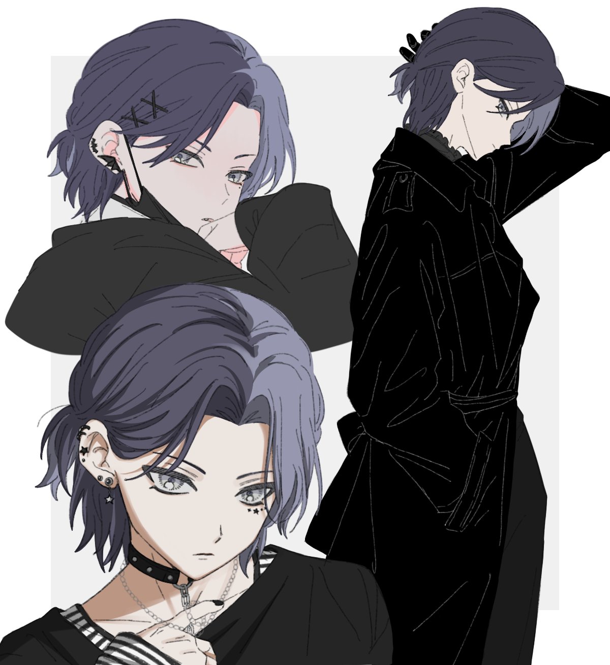 llli illli illl, aoyagi touya, project sekai, commentary, highres, symbol-only commentary, 1boy, alternate costume, arm up, black choker, black nails, blue hair, border, choker, closed mouth, curtained hair, ear piercing, earrings, fingernails, grey background, hair ornament, hairpin, hand up, jewelry, long sleeves, looking at viewer, male focus, mask, mole, mole under eye, mouth mask, multicolored hair, multiple views, nail polish, outside border, parted lips, piercing, split-color hair, star (symbol), two-tone hair, white border