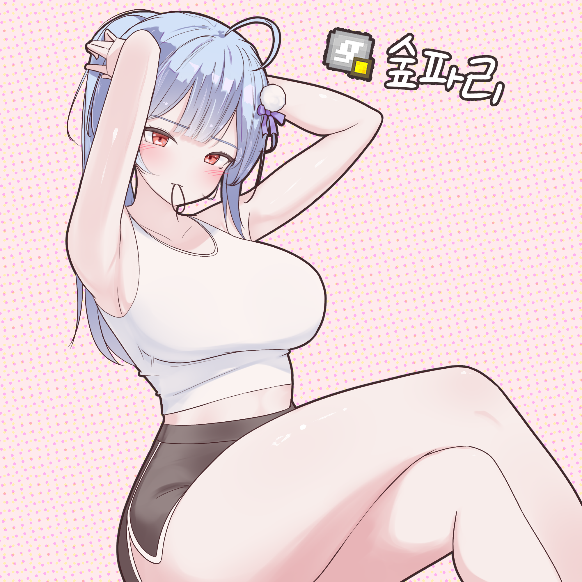 rapid17, indie virtual youtuber, commentary, highres, translation request, 1girl, ahoge, arms up, black shorts, blue hair, blush, breasts, closed mouth, cowboy shot, crossed legs, dolphin shorts, double-parted bangs, hair ornament, hair tie, hair tie in mouth, large breasts, long hair, looking at viewer, min gyeolhee, mouth hold, pink background, red eyes, short shorts, shorts, solo, tank top, virtual youtuber, white tank top
