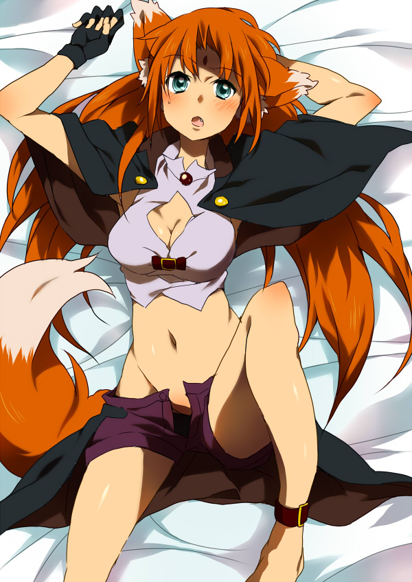 hatsuka nezumi, arf, lyrical nanoha, mahou shoujo lyrical nanoha, 00s, 1girl, animal ears, blue eyes, blush, breasts, capelet, cleavage, cleavage cutout, clothing cutout, dog ears, dog tail, female focus, fingerless gloves, forehead jewel, gloves, long hair, midriff, no panties, open clothes, open fly, open shorts, orange hair, shorts, solo, tail, unzipped