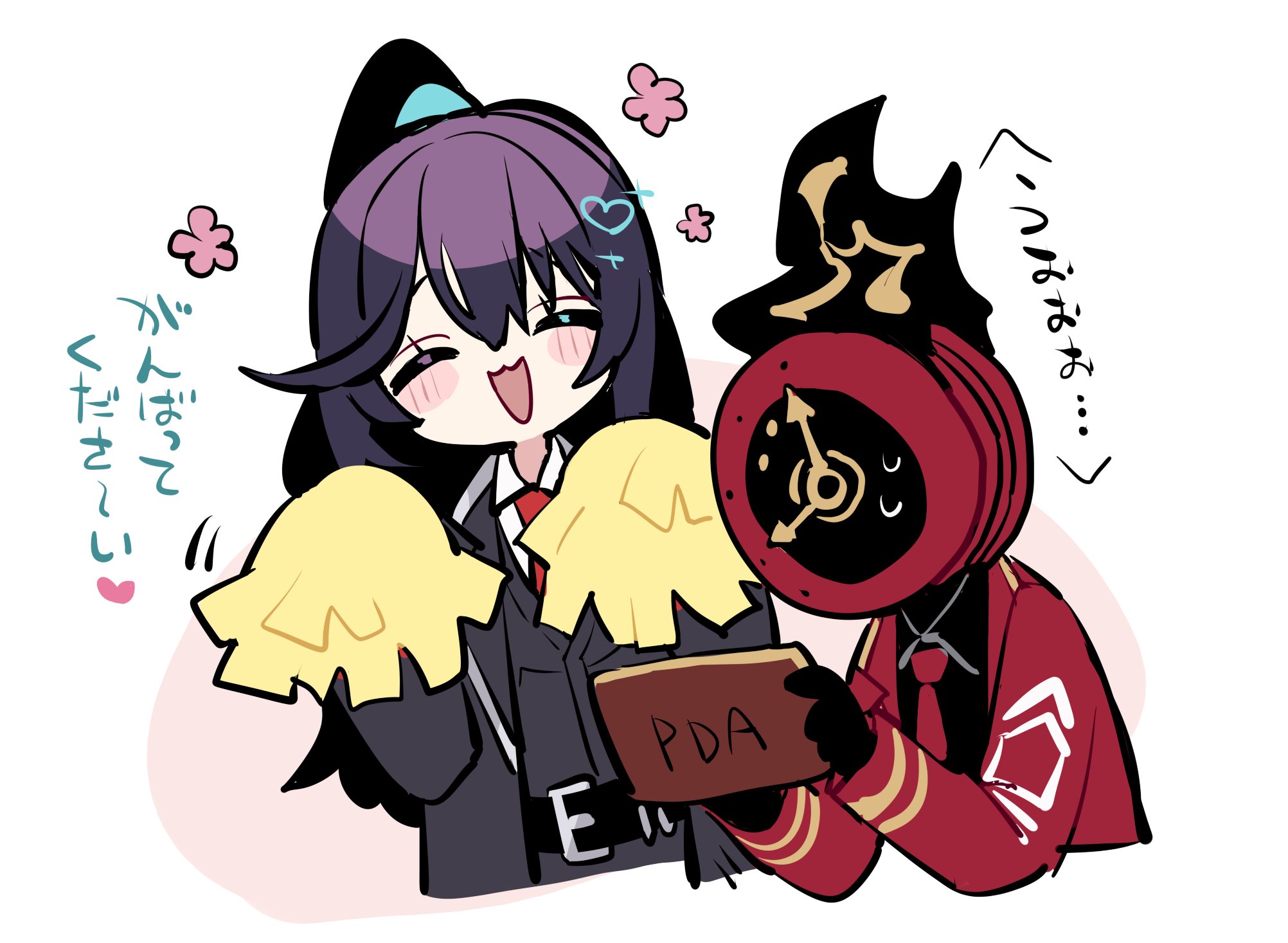 shiki (shikki46), dante (limbus company), hong lu (project moon), limbus company, project moon, commentary request, highres, translated, 1boy, 1other, :3, black coat, black gloves, black shirt, black vest, blush, closed eyes, coat, collared shirt, gloves, half updo, holding pda, long sleeves, necktie, open mouth, red necktie, shirt, simple background, smile, vest, white background, white shirt