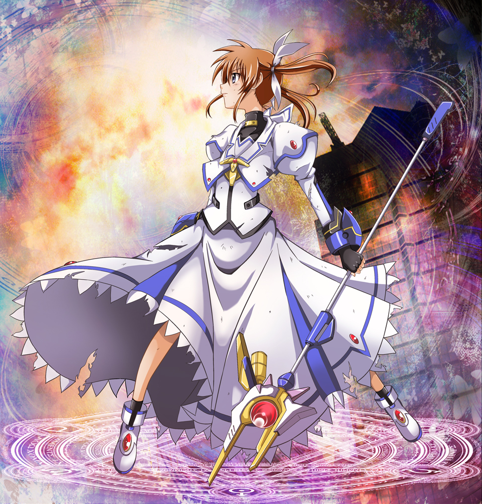 yotsuha (little squash), raising heart, raising heart (cannon mode), takamachi nanoha, takamachi nanoha (movie 1st mode), lyrical nanoha, mahou shoujo lyrical nanoha, mahou shoujo lyrical nanoha the movie 1st, 10s, 1girl, boots, brown hair, female focus, fingerless gloves, gloves, hair ribbon, magic circle, purple eyes, ribbon, solo, staff, torn clothes, twintails