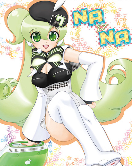 kuga (nimonimo), macne nana, apple inc., macne series, 1girl, boots, breasts, cleavage, computer, female focus, green eyes, green hair, hat, headphones, headset, long hair, macintosh, matching hair/eyes, solo