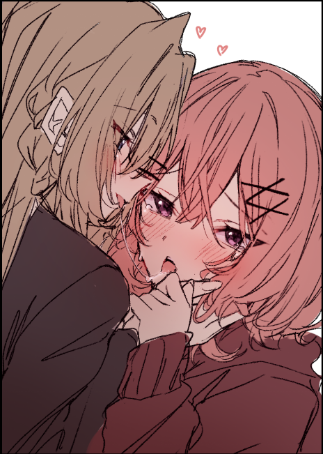 mooninkyuu, amaori renako, ouzuka mai, watashi ga koibito ni nareru wake naijan murimuri!, commentary, symbol-only commentary, 2girls, black shirt, blush, brown hair, hand on another's face, heart, hood, hoodie, long hair, medium hair, multiple girls, pink hair, purple eyes, red hoodie, saliva, saliva trail, shirt, simple background, smile, white background, yuri