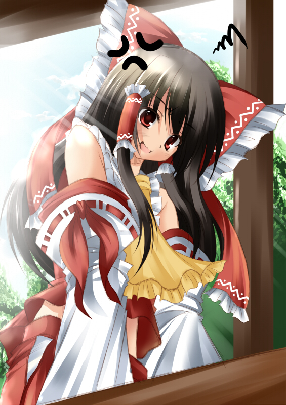 nozomi tsubame, hakurei reimu, touhou, fume, 1girl, anger vein, angry, bare shoulders, black hair, bow, brown hair, detached sleeves, female focus, from below, hair bow, japanese clothes, large bow, long hair, midriff, miko, open mouth, red eyes, ribbon, solo, squiggle, sunlight