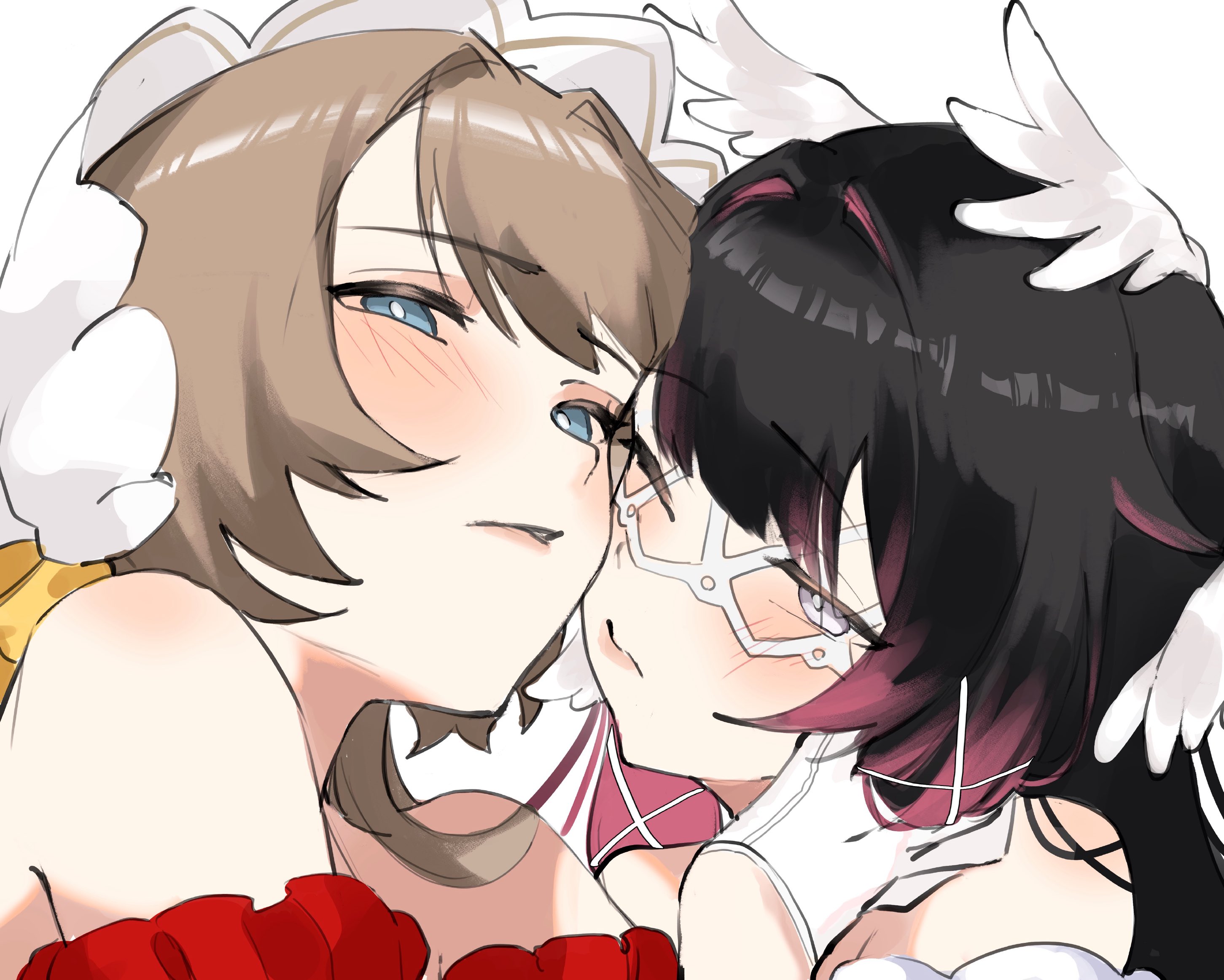 columbina (genshin impact), sandrone (genshin impact), genshin impact, commentary, highres, symbol-only commentary, 2girls, bare shoulders, black hair, blue eyes, brown hair, closed mouth, gloves, grey eyes, hand on another's head, long hair, multiple girls, one eye closed, parted lips, pink streaks, sa 3987, white gloves, yuri