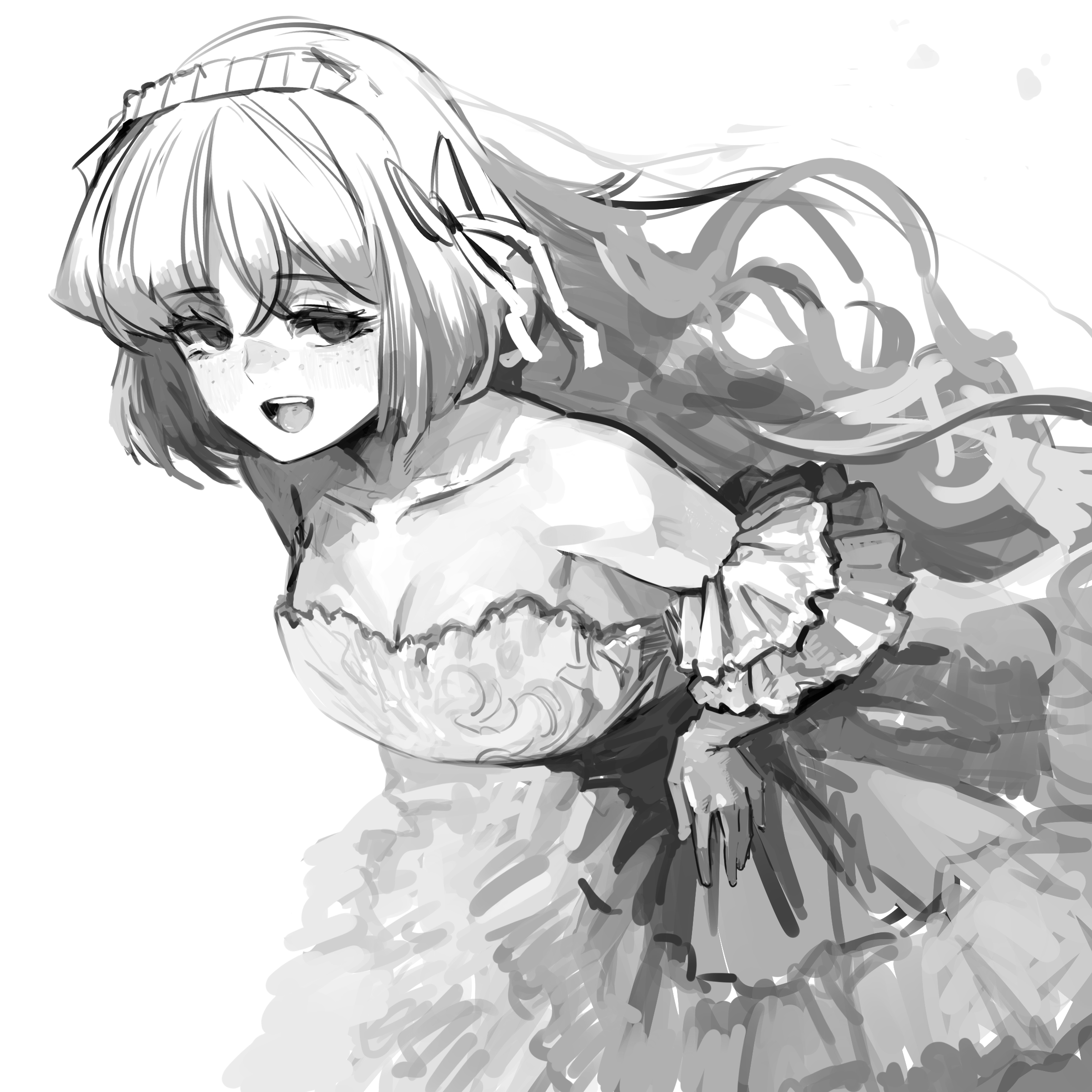 nunvora, ishmael (project moon), limbus company, project moon, absurdres, commentary, english commentary, highres, 1girl, :d, bare shoulders, bow, breasts, cleavage, dress, freckles, greyscale, hair bow, hairband, hands on own hips, long hair, looking at viewer, monochrome, off-shoulder dress, off shoulder, open mouth, simple background, sketch, smile, solo, very long hair