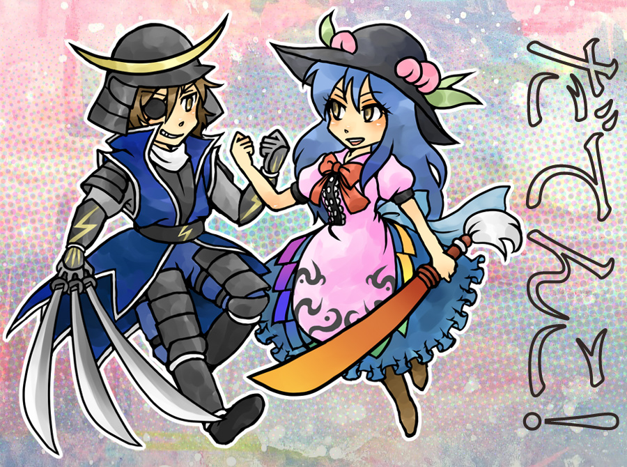 mito (kami-kaze), date masamune (sengoku basara), hinanawi tenshi, m.u.g.e.n, sengoku basara, touhou, md5 mismatch, resolution mismatch, source smaller, 1boy, 1girl, armor, crossover, eyepatch, hat, helmet, japanese clothes, long hair, sword, sword of hisou, triple wielding, weapon