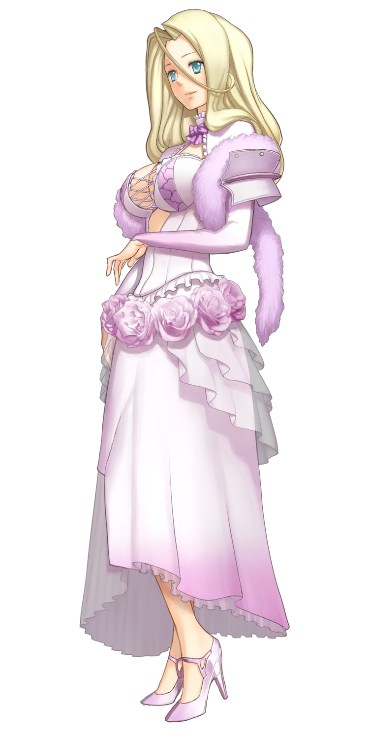 nagi ryou, salapator, ar tonelico, ar tonelico iii, gust, highres, official art, 1girl, armor, armored dress, blonde hair, bow, breasts, cleavage, dress, feather boa, female focus, flower, full body, green eyes, high heels, large breasts, long hair, rose, shoes, sideboob, smile, solo, standing, transparent background