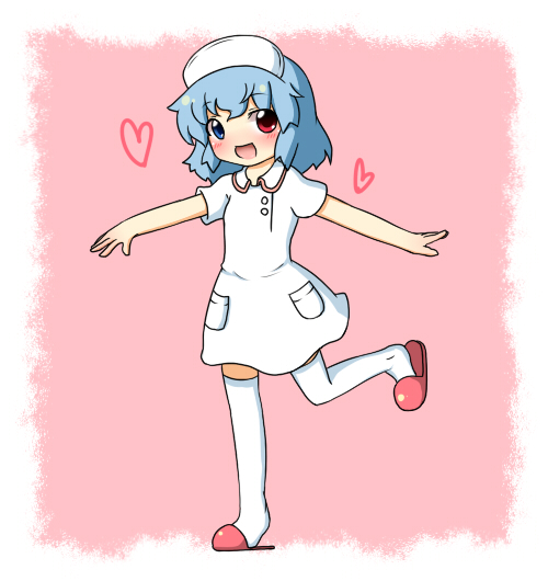 fuuen (akagaminanoka), tatara kogasa, touhou, bad id, bad pixiv id, 1girl, alternate costume, blue eyes, blue hair, female focus, full body, hat, heterochromia, matching hair/eyes, nurse, nurse cap, short hair, solo, thighhighs