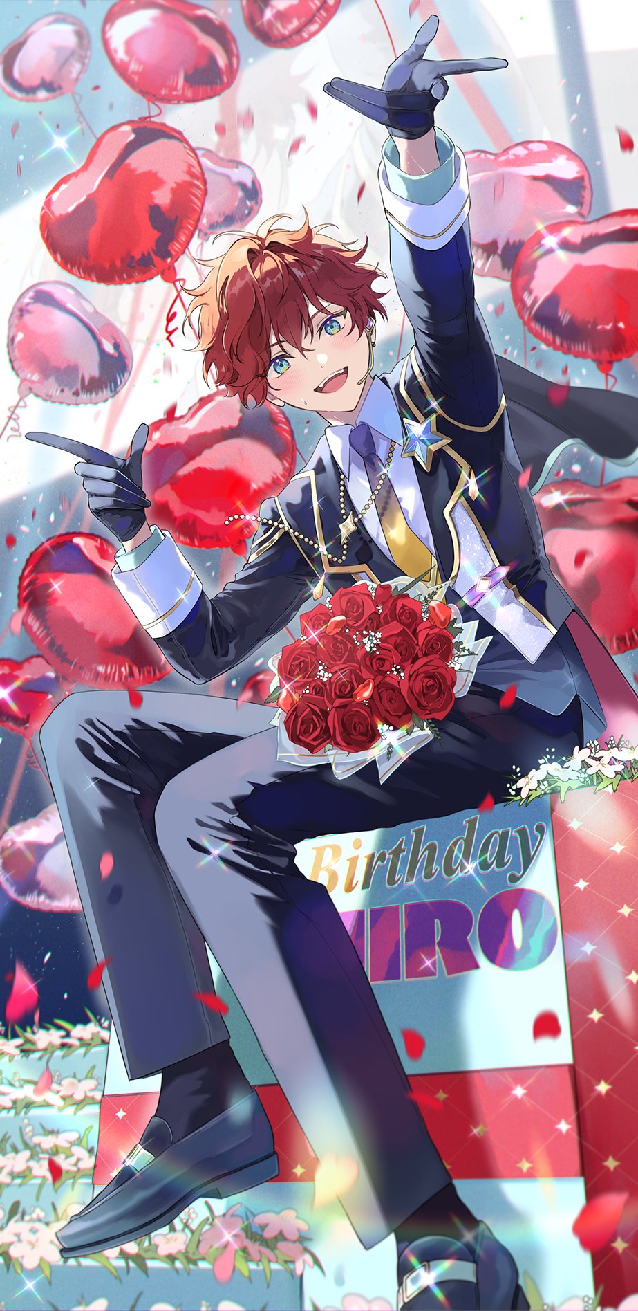 mc copycat, amagi hiiro, ensemble stars!, commentary, highres, 1boy, arm up, balloon, beads, black gloves, black pants, black shoes, black socks, blue eyes, bouquet, box, character name, collared shirt, earrings, flower, full body, gloves, gradient necktie, happy birthday, headset, heart balloon, jewelry, long sleeves, looking at viewer, male focus, necktie, open mouth, outstretched arm, pants, petals, pink flower, red flower, red hair, red petals, red rose, rose, shirt, shoes, short hair, single earring, sitting, smile, socks, solo, star (symbol), teeth, upper teeth only