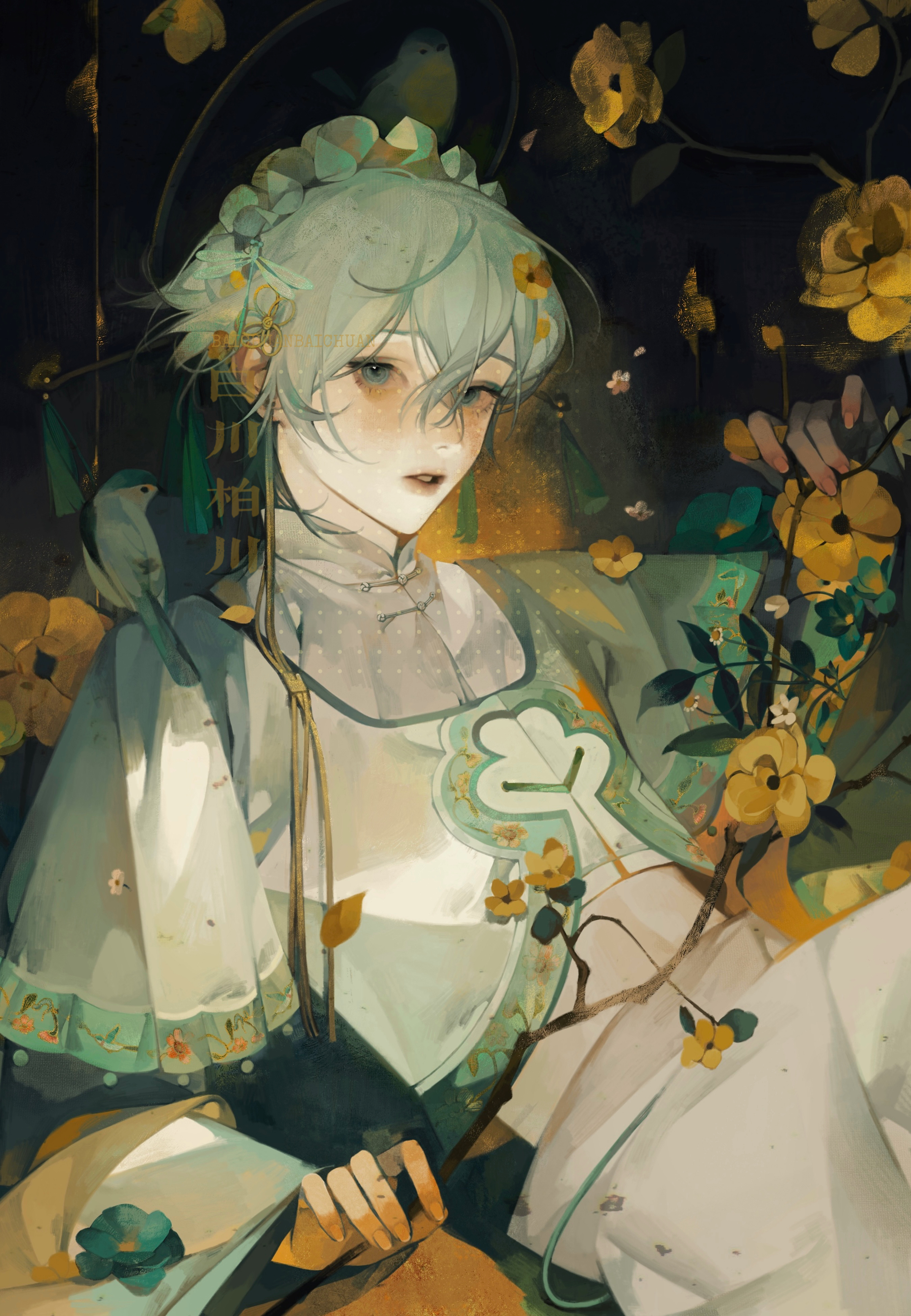 baichuan baichuan, original, absurdres, highres, 1boy, blue eyes, blue hair, branch, chinese clothes, crossed bangs, eyelashes, fingernails, flower, green headband, hair between eyes, hair flower, hair ornament, hair stick, headband, headdress, holding, holding branch, lips, long sleeves, looking at viewer, makeup, male focus, mandarin collar, pale skin, parted lips, rouge (makeup), short hair, sidelocks, solo, tassel, yellow flower