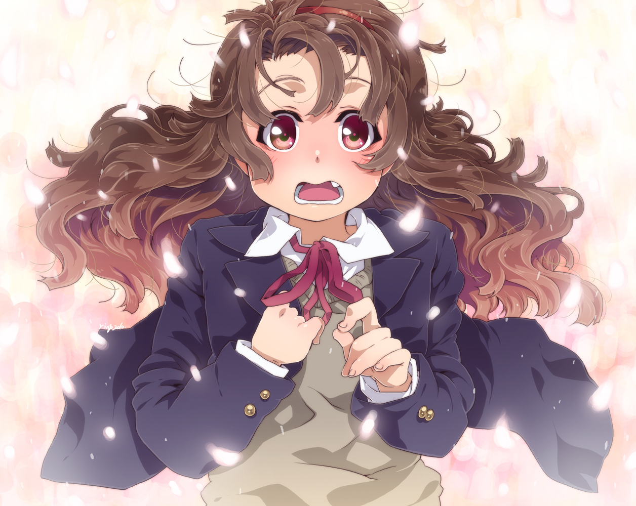 takanashi ringo, original, 1girl, :o, brown hair, fang, female focus, long hair, messy hair, open mouth, red eyes, school uniform, solo