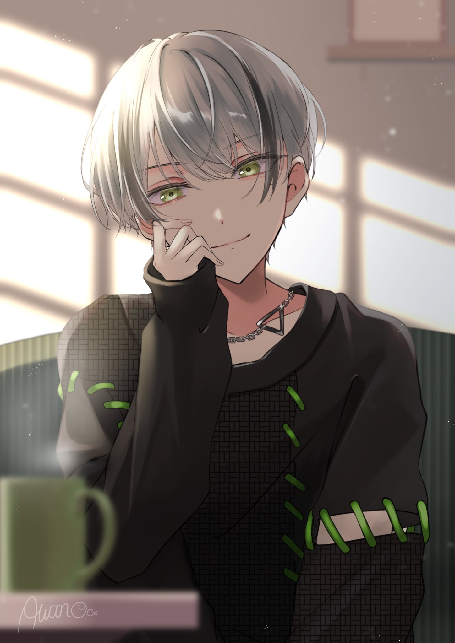 awanoo, hinomori shiho, project sekai, commentary request, highres, 1girl, androgynous, artist name, black shirt, black streaks, blurry, blurry background, blurry foreground, closed mouth, collarbone, cup, depth of field, dot nose, green eyes, grey hair, hair between eyes, hand up, indoors, jewelry, long sleeves, looking at viewer, mug, multicolored hair, necklace, official alternate costume, official alternate hairstyle, reverse trap, shirt, short hair, sidelighting, sleeves past wrists, smile, solo, steam, straight-on, streaked hair, tsurime, upper body, very short hair