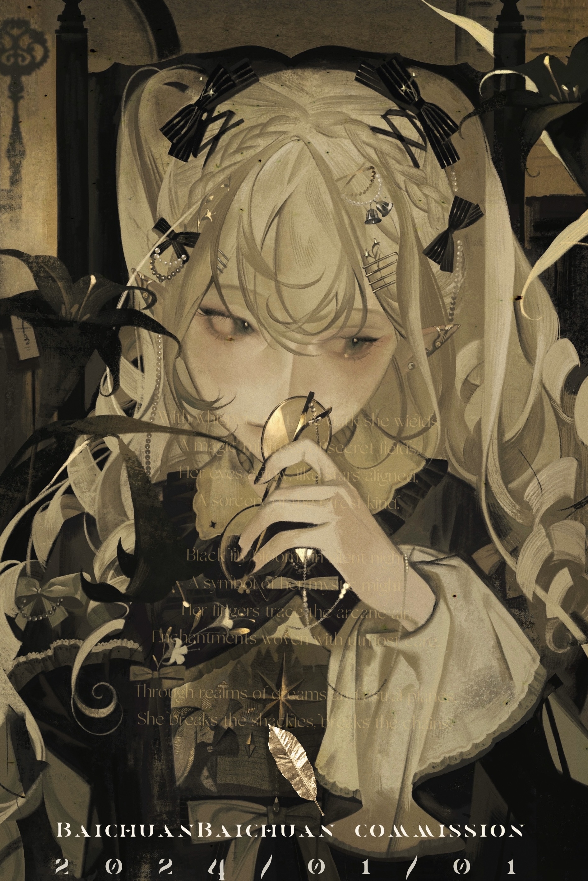 baichuan baichuan, original, absurdres, commission, highres, mihuashi commission, 1girl, bow, braid, brown theme, closed mouth, dated, eyelashes, fingernails, flower, frills, hair between eyes, hair bow, hair ornament, holding, holding removed eyewear, lily (flower), long hair, long sleeves, looking to the side, makeup, nail polish, pointy ears, ringlets, rouge (makeup), solo, two side up, unworn eyewear, upper body, watermark