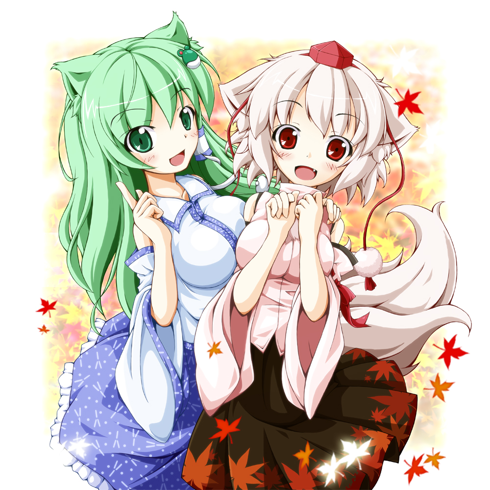 altivr, kanzaki sora, inubashiri momiji, kochiya sanae, touhou, silver hair, 2girls, animal ears, breasts, cat ears, cat girl, cat tail, detached sleeves, dog ears, dog tail, female focus, frog, green eyes, green hair, hair ornament, hat, japanese clothes, kemonomimi mode, large breasts, long hair, multiple girls, red eyes, short hair, snake, tail, tokin hat, wolf ears, wolf tail