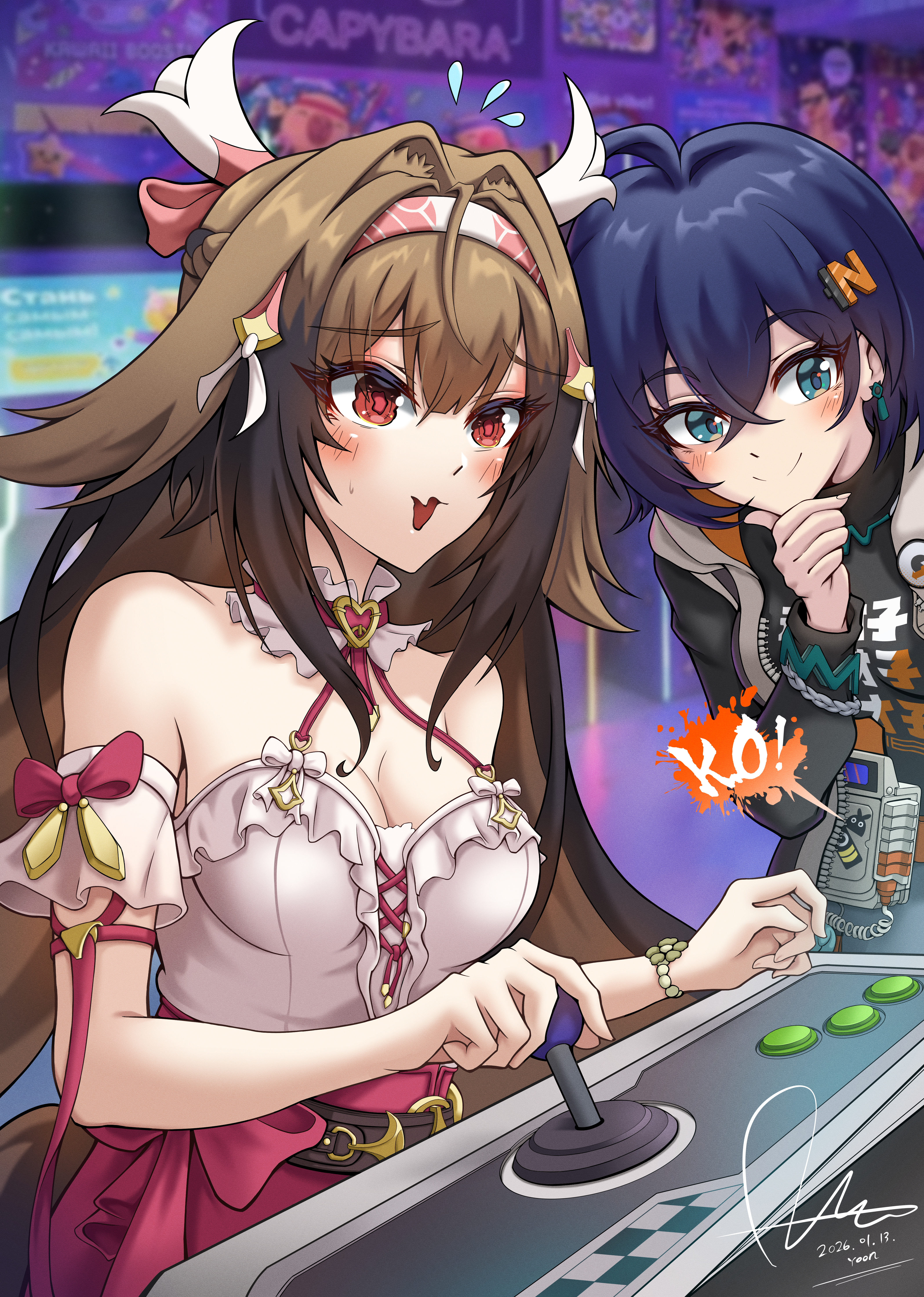 dasoin, belle (zenless zone zero), ye shunguang, ye shunguang (touch of dawnlight), zenless zone zero, absurdres, bilingual commentary, commentary, english commentary, highres, korean commentary, mixed-language commentary, 2girls, ahoge, animal ears, arcade, bare shoulders, black shirt, blue hair, breasts, brown hair, cleavage, clothes writing, dated, earrings, fox ears, fox girl, green eyes, hair intakes, hair ornament, indoors, jewelry, large breasts, letter hair ornament, long hair, multiple girls, official alternate costume, open mouth, playing games, red skirt, shirt, short hair, signature, skirt, very long hair, white shirt