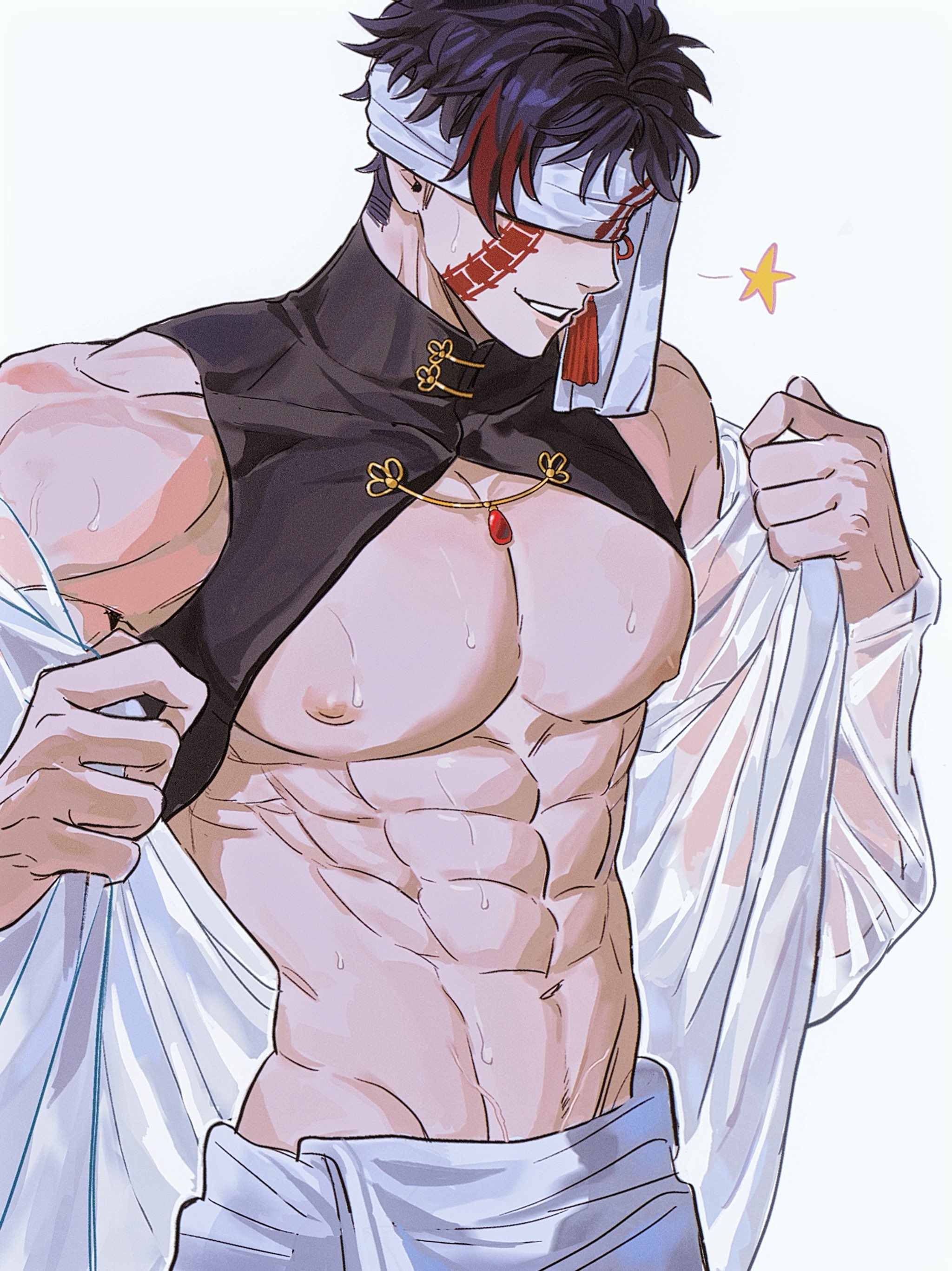 ammi (mayflyaa), qin shi huang (shuumatsu no valkyrie), shuumatsu no valkyrie, absurdres, highres, 1boy, abs, bare pectorals, black tank top, blindfold, blue hair, chinese clothes, colored blindfold, deltoids, earrings, facial mark, facial tattoo, gem, iliac furrow, jewelry, large pectorals, lats, male focus, multicolored hair, muscular, muscular male, narrow waist, naughty face, nipples, pale skin, partially undressed, pectoral cleavage, pectorals, revealing clothes, sarong, see-through clothes, serratus anterior, smile, star (symbol), streaked hair, sweat, sweatdrop, tank top, tattoo, tight clothes, undressing, veins, white background, white sarong