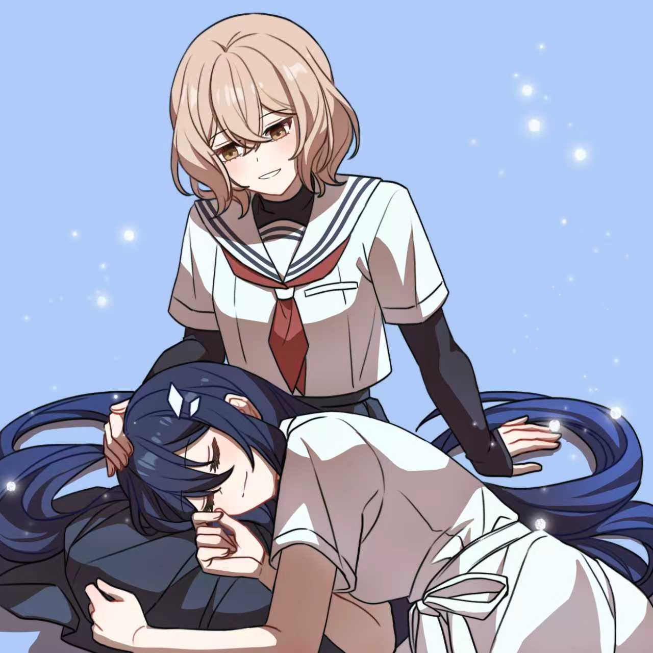 oumi shiori, yaotose hinako, watashi wo tabetai hitodenashi, artist request, commentary, commission, hashtag-only commentary, highres, second-party source, 2girls, black shirt, black skirt, blue hair, brown eyes, brown hair, closed eyes, closed mouth, dress, hand on another's head, lap pillow, layered sleeves, long sleeves, multiple girls, parted lips, pleated skirt, school uniform, serafuku, shirt, short over long sleeves, short sleeves, skirt, smile, undershirt, white dress, white shirt, yuri