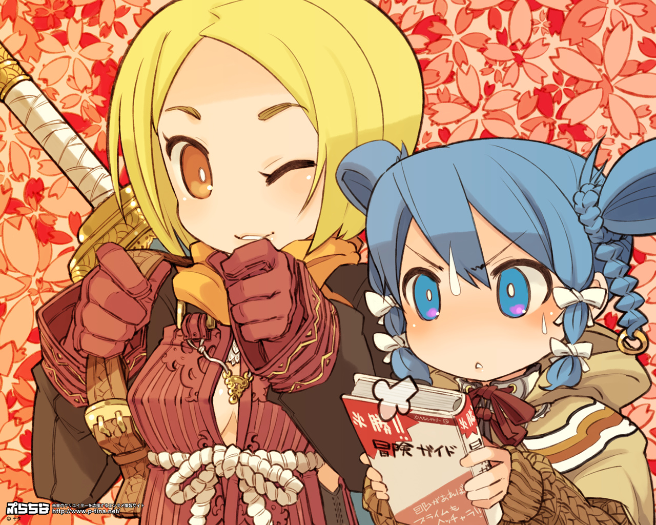 mota, original, 2girls, blonde hair, blue eyes, blue hair, book, breasts, cleavage, gloves, medium breasts, multiple girls, one eye closed, orange eyes, sweat, sword, weapon, wink