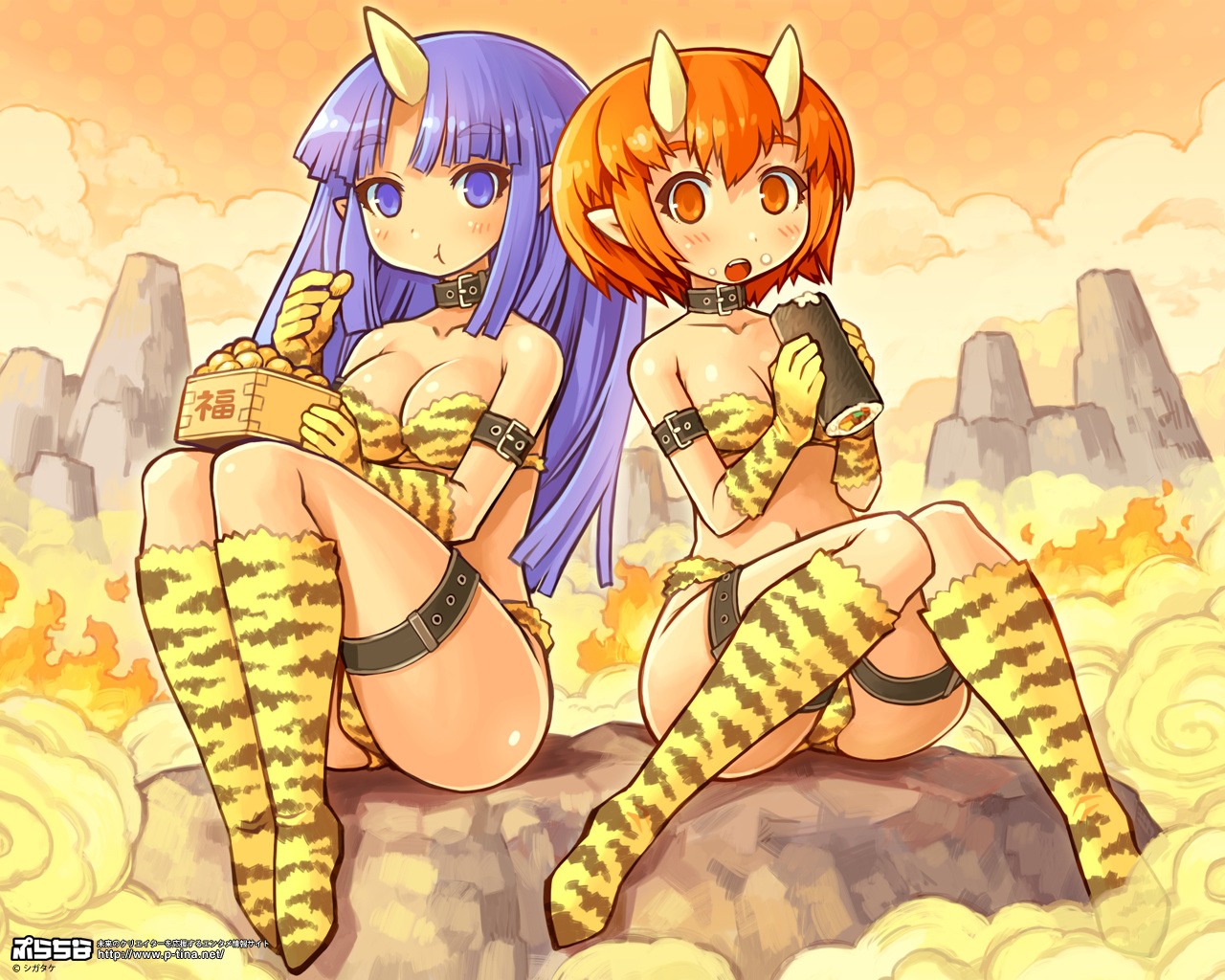 shigatake, original, 2girls, animal print, beans, bikini, blue eyes, blue hair, breasts, cleavage, cloud, collar, eating, ehoumaki, fire, food, gloves, horns, kneehighs, makizushi, masu, medium breasts, multiple girls, oni, orange eyes, orange hair, pointy ears, setsubun, sitting, socks, sushi, swimsuit, tiger print