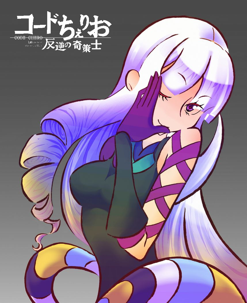 touryou, togame, code geass, katanagatari, 1girl, breasts, female focus, gloves, gradient background, long hair, parody, purple eyes, smile, solo, white hair