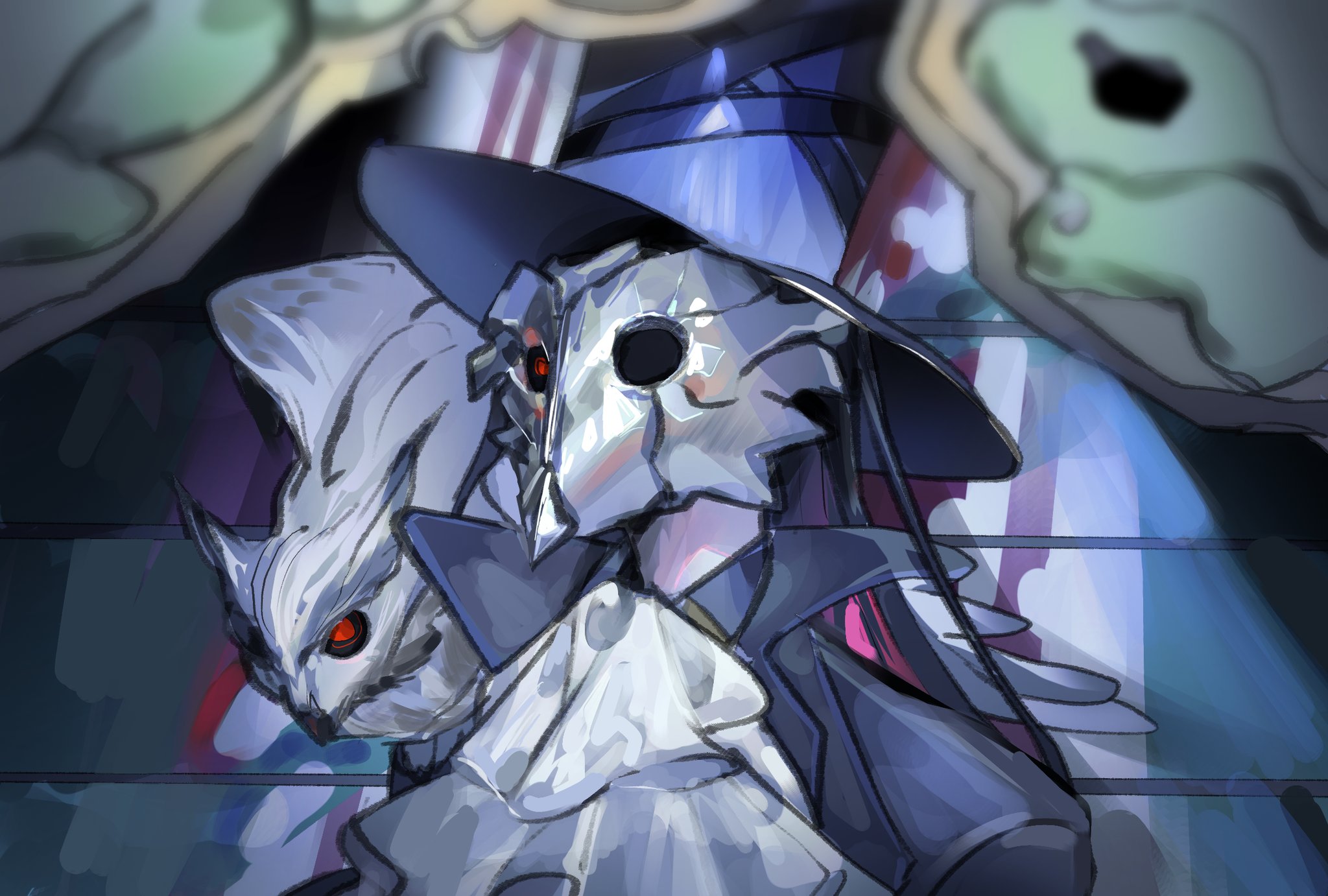 shoggoth (sirens20211), limbus company, project moon, highres, 1boy, ascot, bird, black hair, black shirt, blue hat, glowing, glowing eyes, hat, lapels, long hair, looking up, male focus, mask, notched lapels, owl, red eyes, sanson (project moon), shirt, top hat, white ascot, white mask