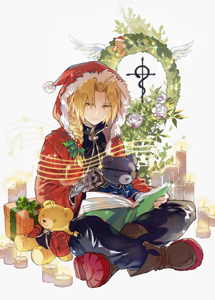 xue ezi, edward elric, fullmetal alchemist, 1boy, black jacket, black pants, book, boots, braid, brown boots, candle, christmas, coat, collared jacket, fire, flower, full body, gift, hair ornament, hat, holding, holding book, holly hair ornament, jacket, lapels, leaf, long hair, looking to the side, male focus, musical staff, open book, open clothes, open coat, pants, parted hair, red coat, santa hat, sideways glance, single braid, sitting, solo, stuffed animal, stuffed toy, teddy bear, white background, white flower, wreath, yellow eyes