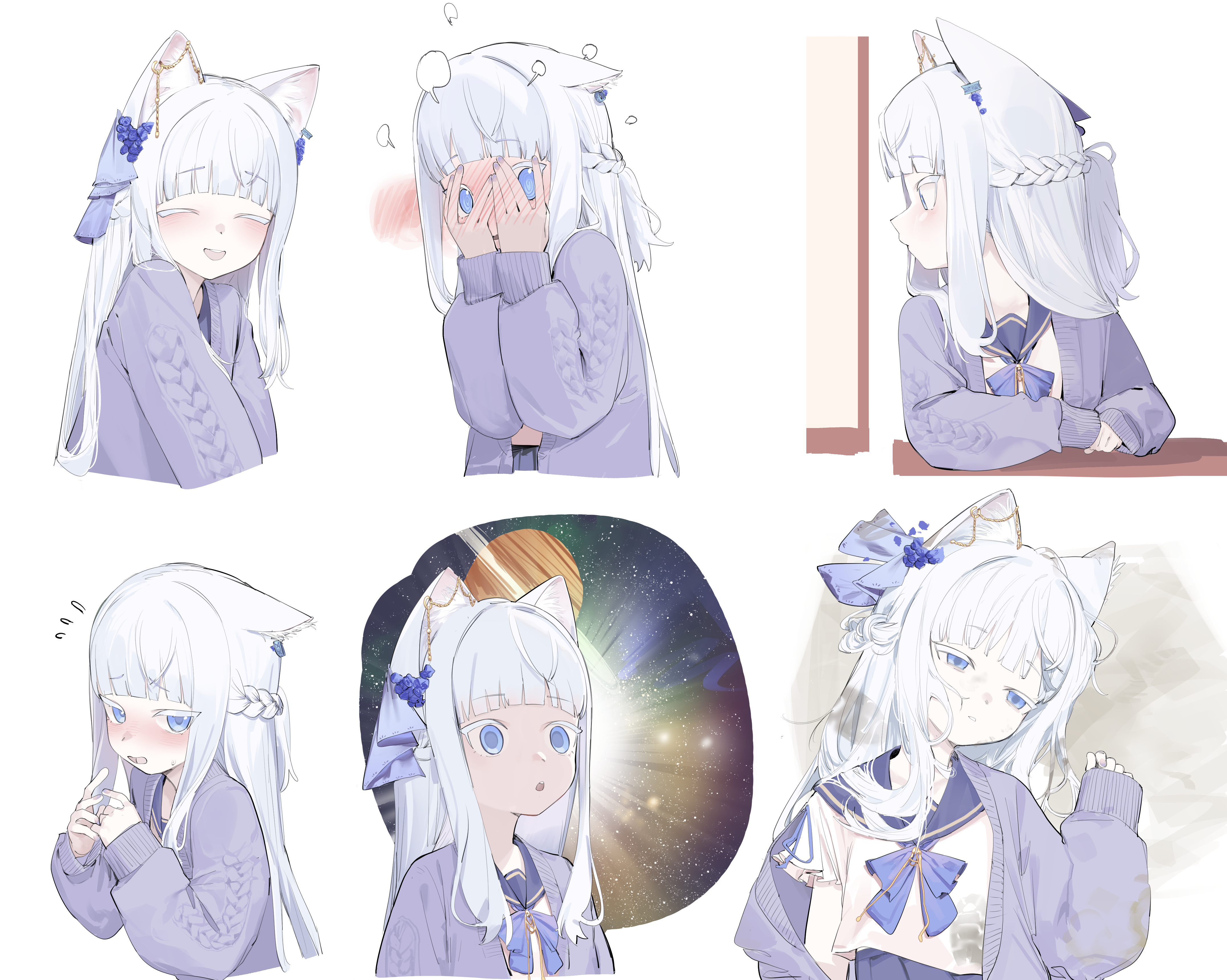 uta (xuyansong1996), absurdres, chinese commentary, commentary request, highres, 1girl, animal ear fluff, blue eyes, blunt bangs, blush, cardigan, closed eyes, covering face, flying, long hair, long sleeves, multiple views, open cardigan, open clothes, purple cardigan, saturn (planet), school uniform, serafuku, shirt, sleeves past wrists, white hair, white shirt