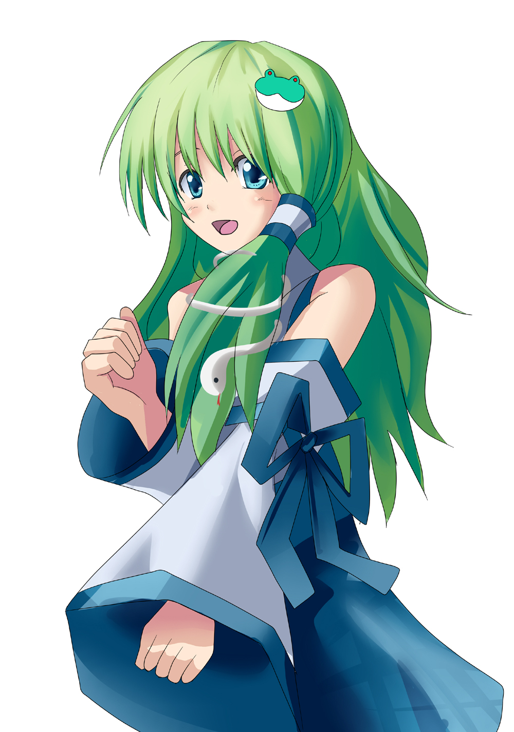 sumisuzu, kochiya sanae, touhou, highres, 1girl, blue eyes, detached sleeves, female focus, frog, green hair, hair ornament, japanese clothes, long hair, simple background, snake, solo, standing, white background