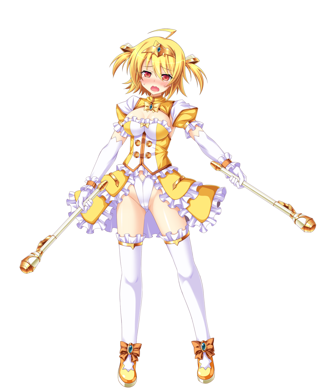 aoi masami, amagi nao, arty flare, ts magical girl nao, game cg, highres, large variant set, non-web source, official art, variant set, 1girl, ahoge, blonde hair, blush, breasts, chest jewel, cleavage, dress, dual wielding, elbow gloves, frills, full body, genderswap, genderswap (mtf), gloves, holding, jewelry, large breasts, leotard, looking at viewer, magical girl, open mouth, puffy short sleeves, puffy sleeves, red eyes, short hair, short sleeves, showgirl skirt, solo, standing, thighhighs, tiara, transparent background, twintails, two side up, white gloves, white thighhighs