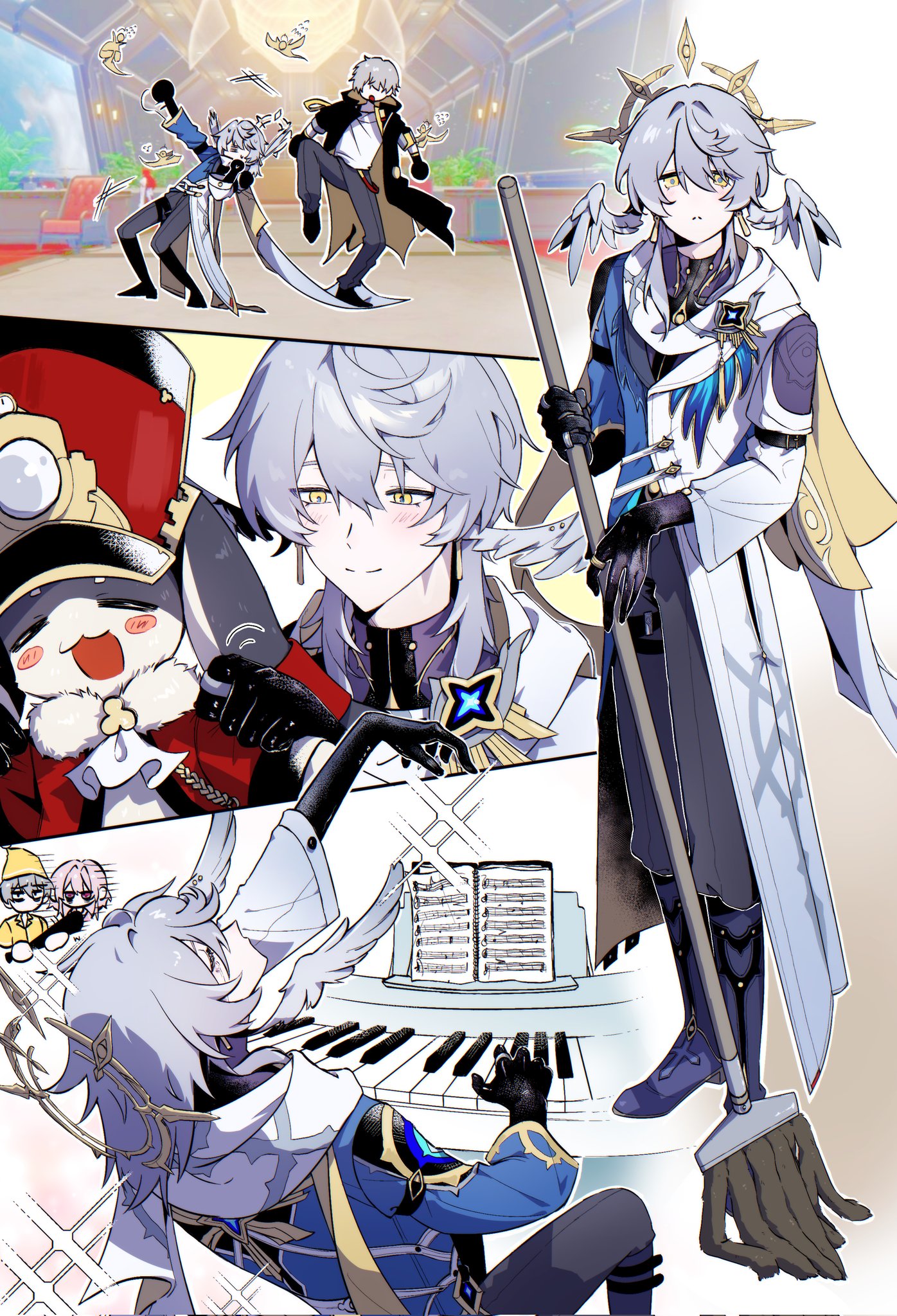 caelus (honkai: star rail), dan heng (honkai: star rail), march 7th (honkai: star rail), pom-pom (honkai: star rail), sunday (honkai: star rail), trailblazer (honkai: star rail), honkai: star rail, honkai (series), commentary request, highres, korean commentary, 1boy, blue hair, broom, earrings, full body, gloves, halo, halo behind head, head wings, hood, hood down, instrument, jewelry, medium hair, music, pants, playing instrument, playing piano, ring, sbhhijjbg, shoes, sparkle, tailcoat, wings, yellow eyes