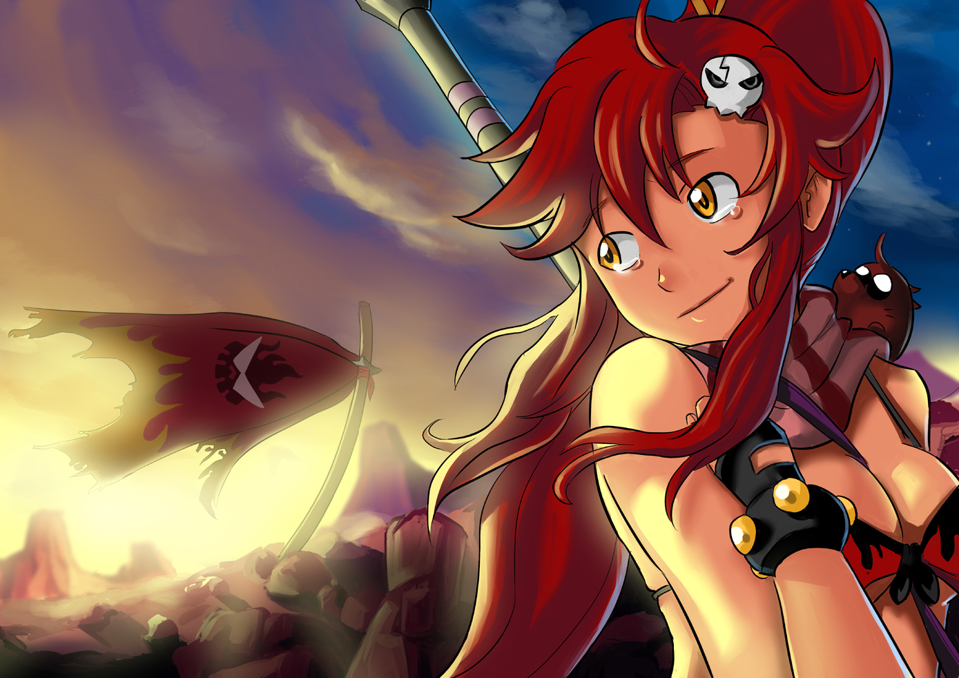 mushimushi, boota (ttgl), yoko littner, tengen toppa gurren lagann, 00s, 1girl, bikini, bikini top only, bracelet, breasts, cape, desert, female focus, jewelry, looking back, medium breasts, ponytail, red hair, smile, solo, studded bracelet, sunset, swimsuit, sword, tears, weapon, yellow eyes