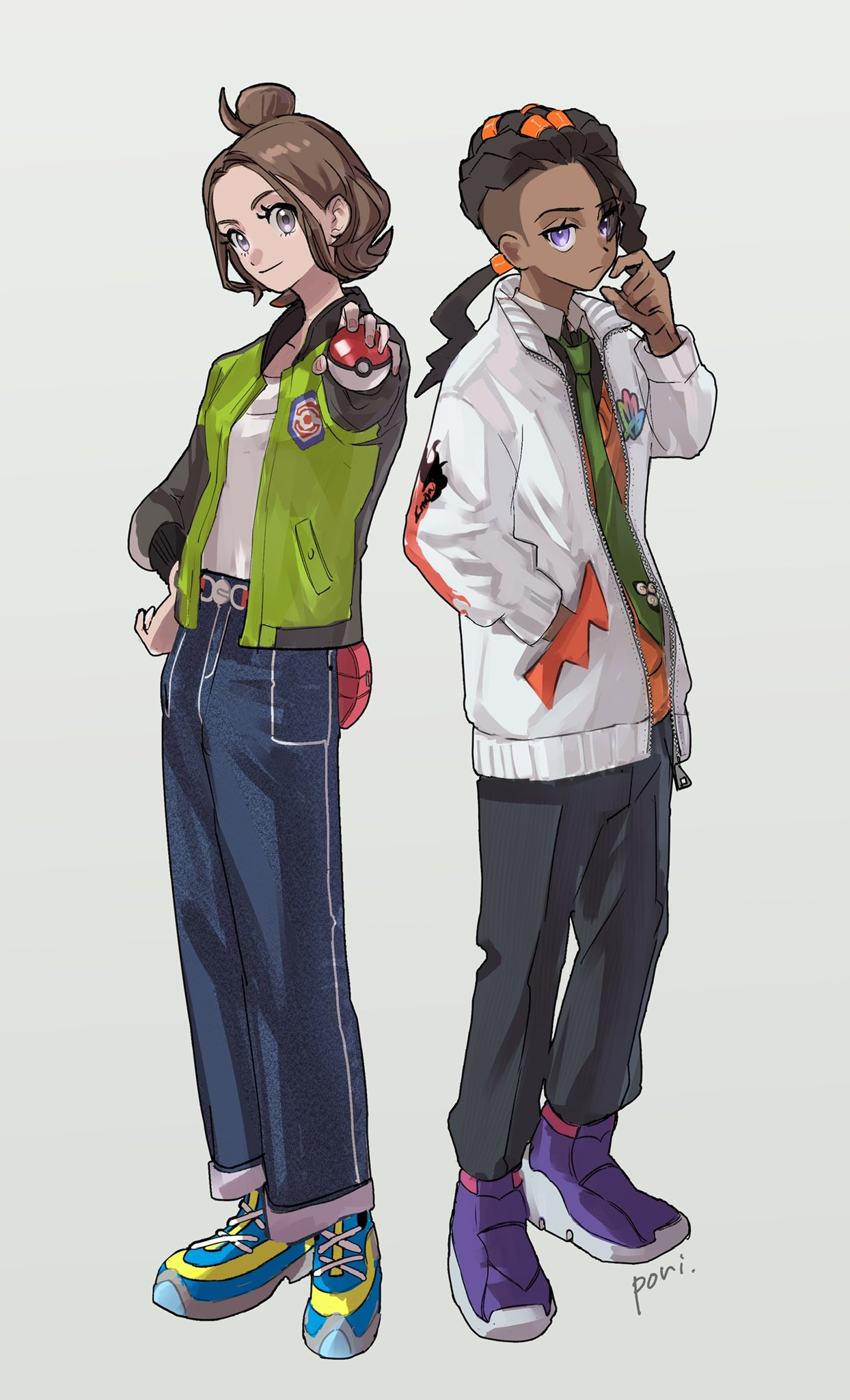 sub prnk, harmony (pokemon), naveen (pokemon), nintendo, pokemon, pokemon legends: z-a, commentary request, highres, 1boy, 1girl, bell-bottoms, belt, black hair, blue pants, breasts, brown hair, closed mouth, collared shirt, dark-skinned male, dark skin, full body, green jacket, green necktie, grey eyes, hand in pocket, holding, holding poke ball, jacket, long hair, long sleeves, looking at viewer, necktie, open clothes, open jacket, orange sweater vest, orange vest, pants, poke ball, poke ball (basic), purple eyes, shirt, shoes, short hair, simple background, smile, sweater vest, vest, white jacket, white shirt