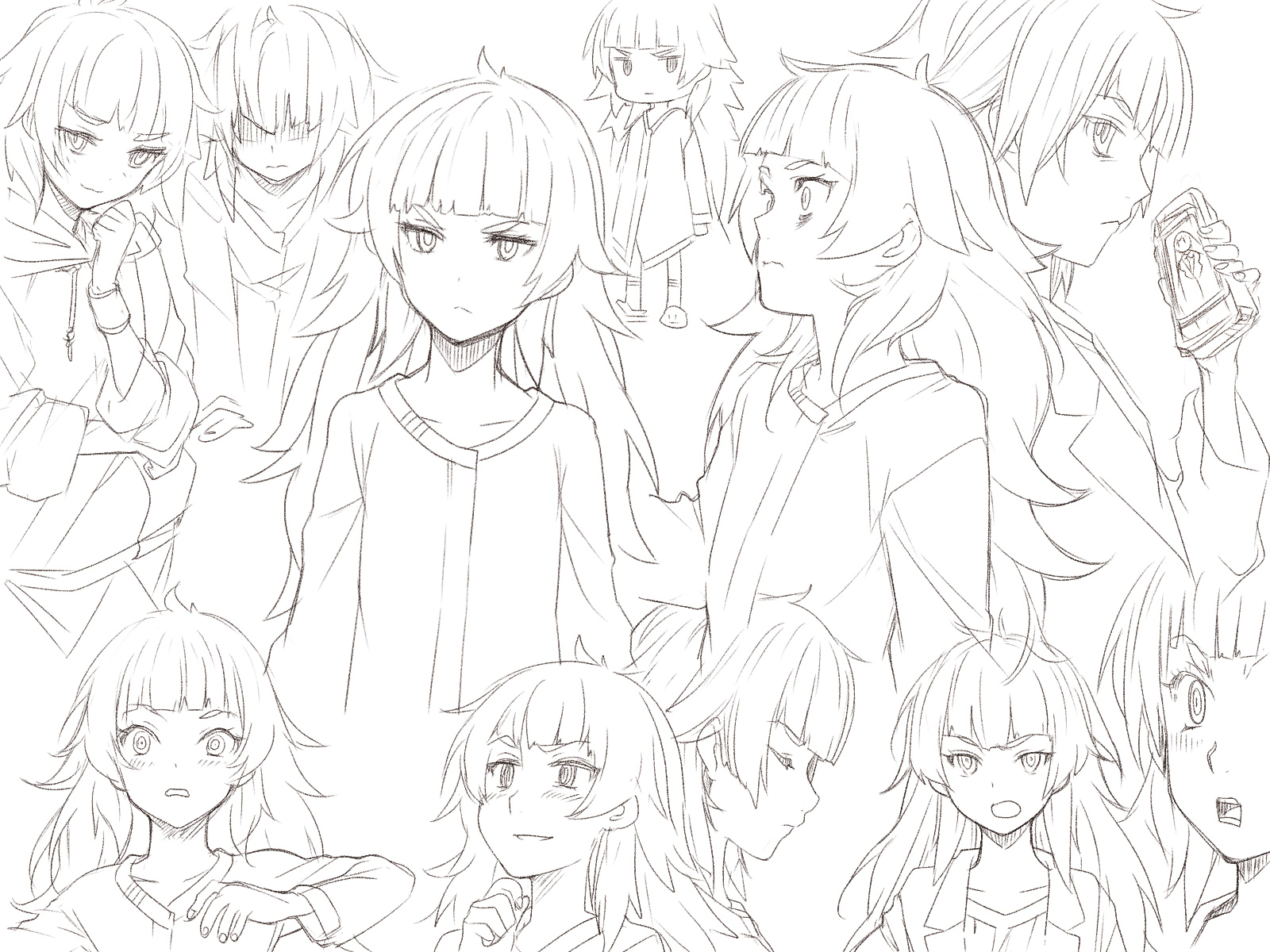 menomorute, hiyajou maho, makise kurisu, makise kurisu (amadeus), science adventure, steins;gate, steins;gate 0, commentary request, highres, tagme, blush, greyscale, holding, holding phone, long hair, monochrome, multiple costumes, multiple expressions, multiple views, open mouth, phone, simple background, smile