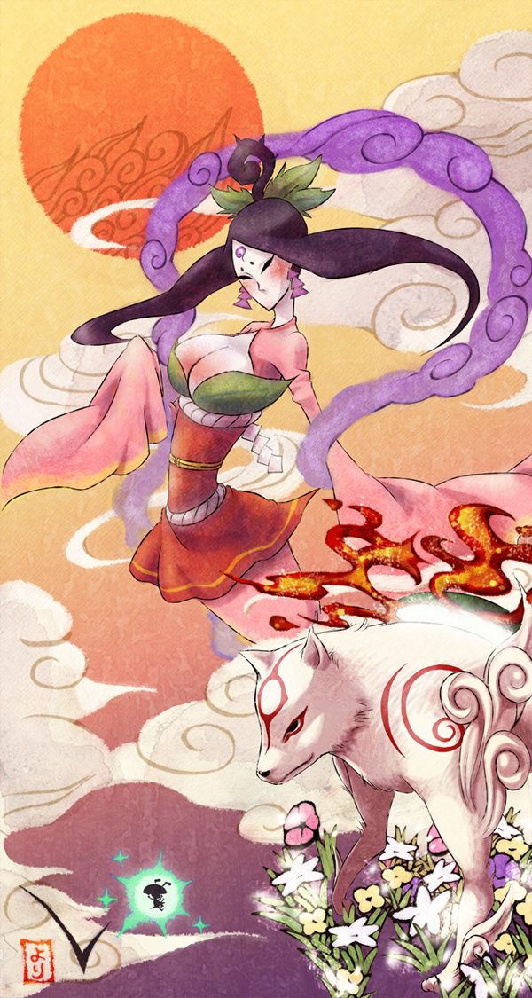 yori (pixiv257595), chibiterasu, issun, sakuya (ookami), ookami (game), ookamiden, bad id, bad pixiv id, 1girl, breasts, cleavage, flower, sun