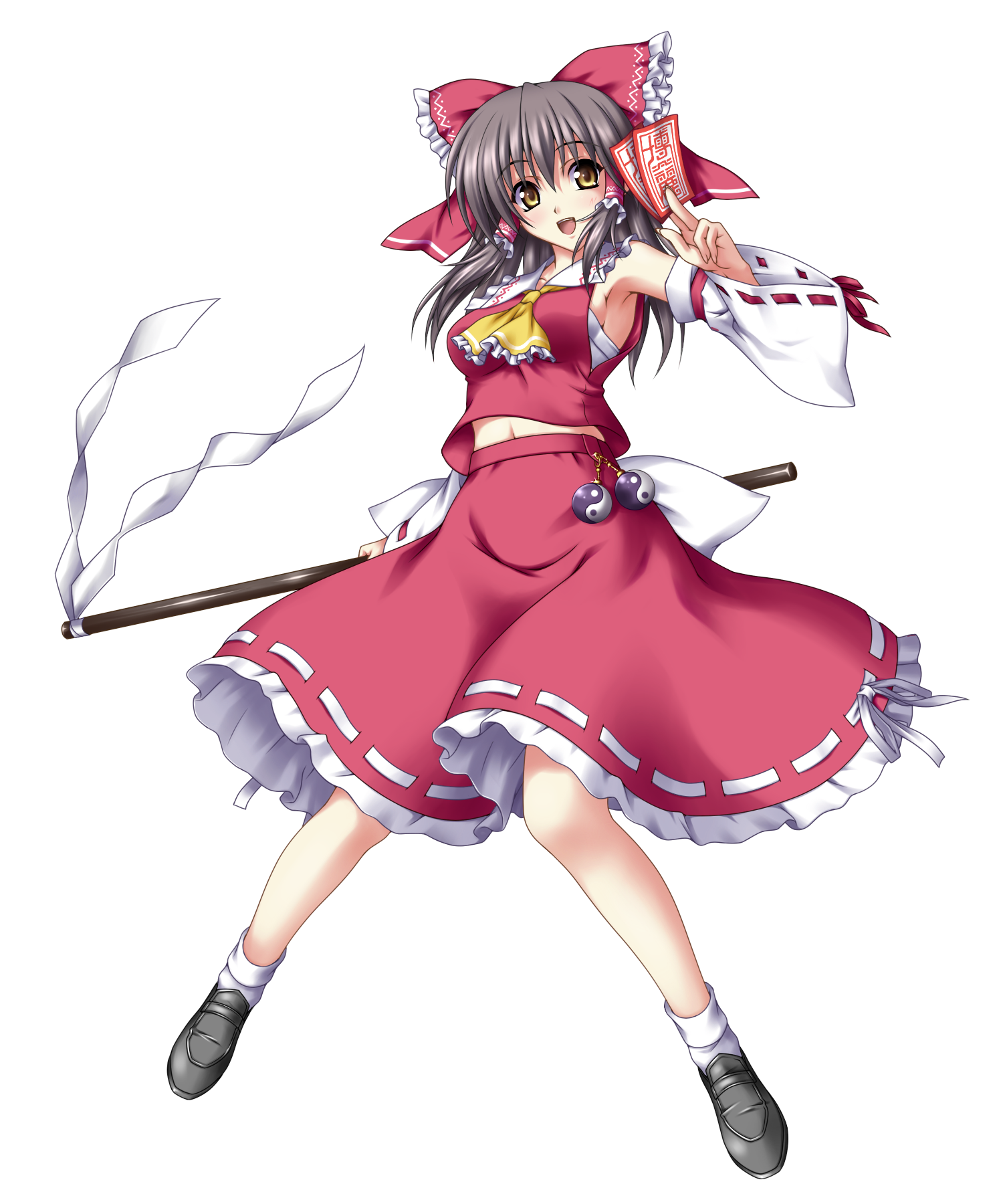 nonbei, hakurei reimu, touhou, highres, 1girl, bow, brown hair, detached sleeves, female focus, full body, gohei, hair bow, japanese clothes, midriff peek, miko, ofuda, sarashi, short hair, solo, transparent background, yellow eyes